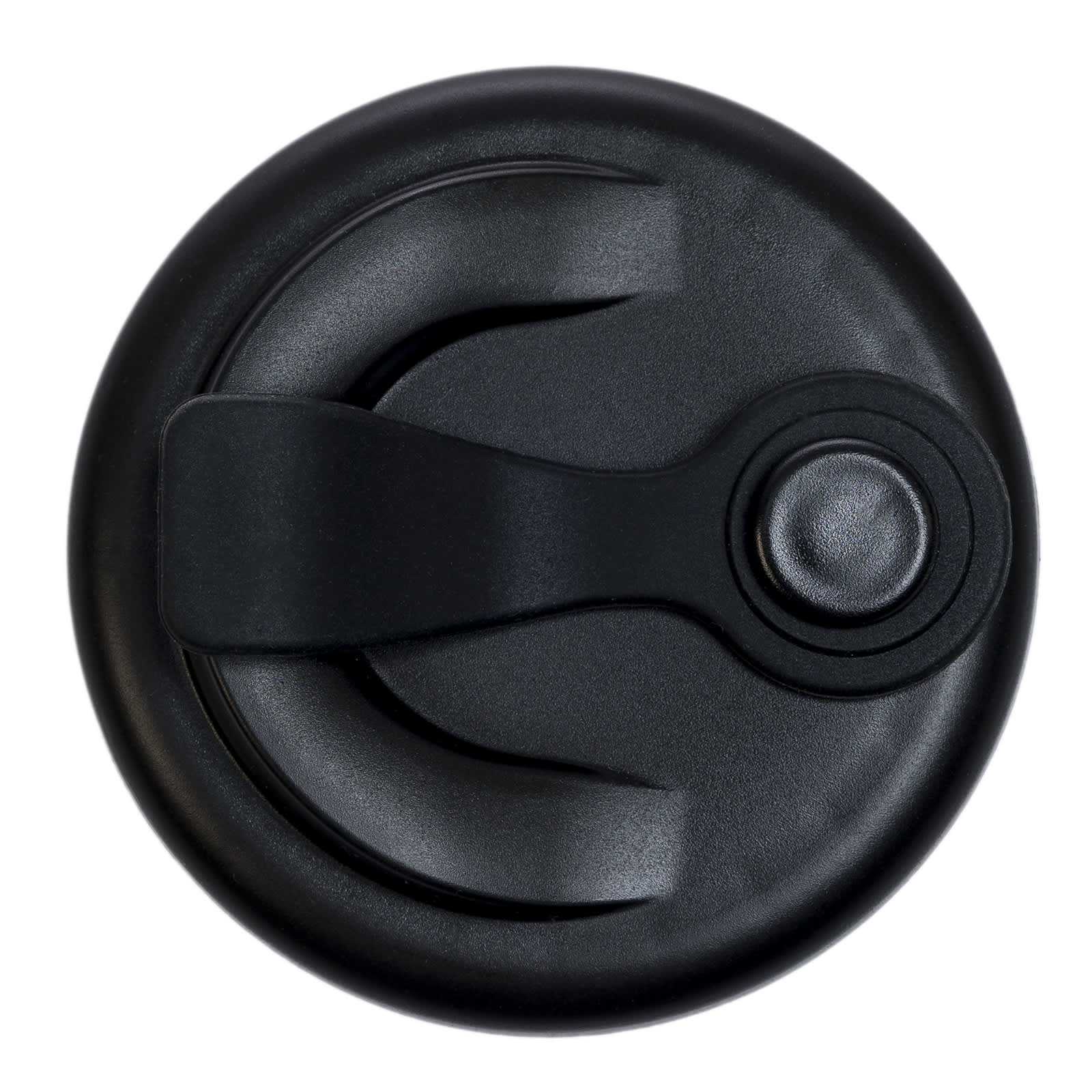 A snap lid for a reusable coffee cup, featuring a secure closure mechanism in a sleek black design.