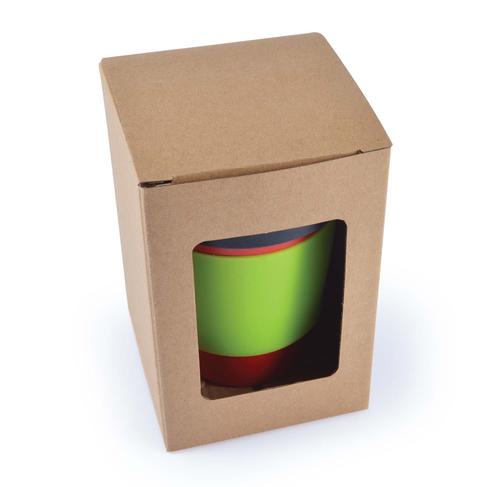 A reusable coffee cup in vibrant green, packaged in a cardboard box with a clear window.