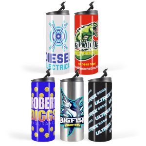 A collection of travel mugs featuring various colors and designs, each with a polished stainless steel lid and branding.