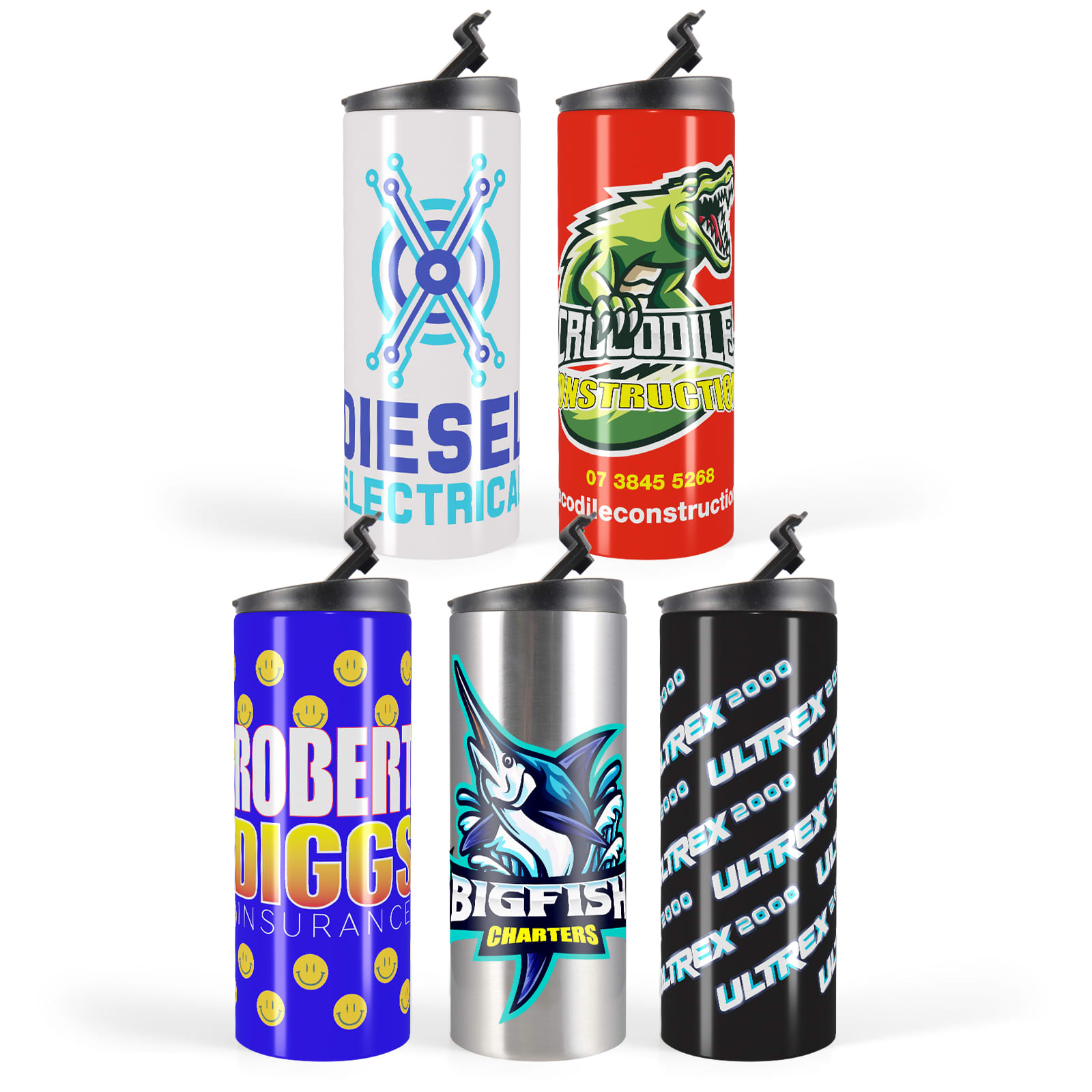 A collection of travel mugs featuring various colors and designs, each with a polished stainless steel lid and branding.
