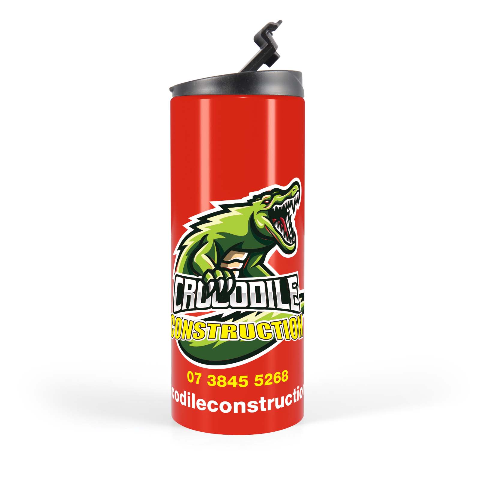 A travel mug featuring a red design with a crocodile graphic and a black lid. Includes a logo.