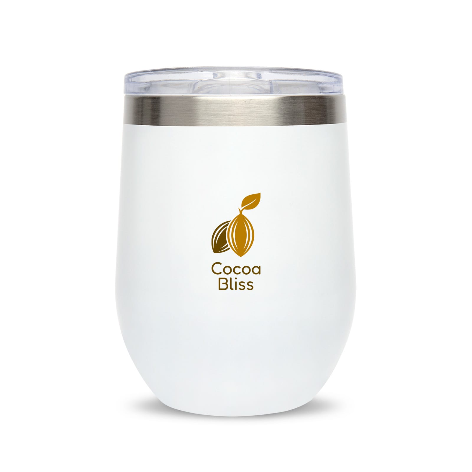 A reusable coffee cup in white with a silver lid, featuring the logo 