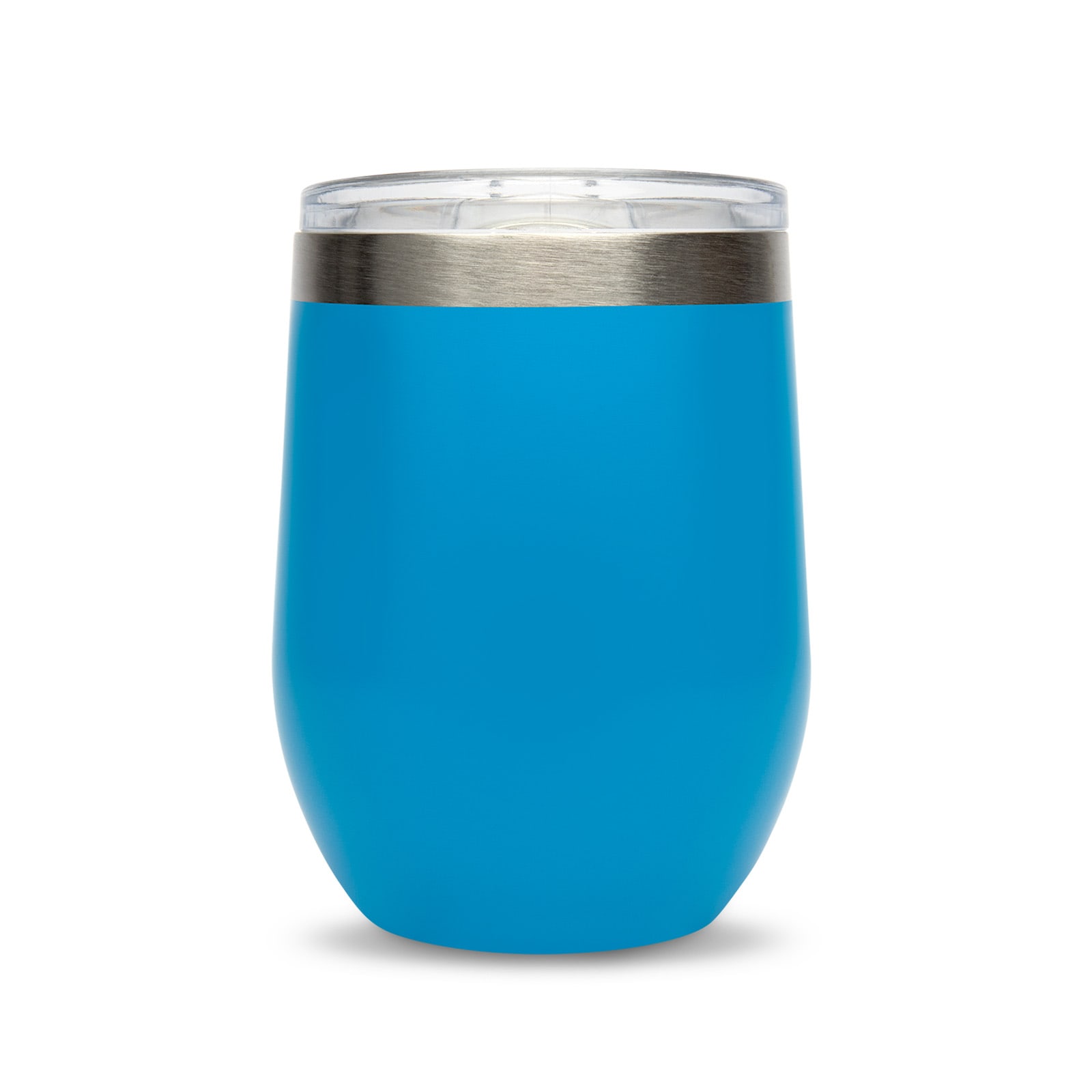 A reusable coffee cup in a vibrant blue color with a stainless steel band around the top and a clear lid.