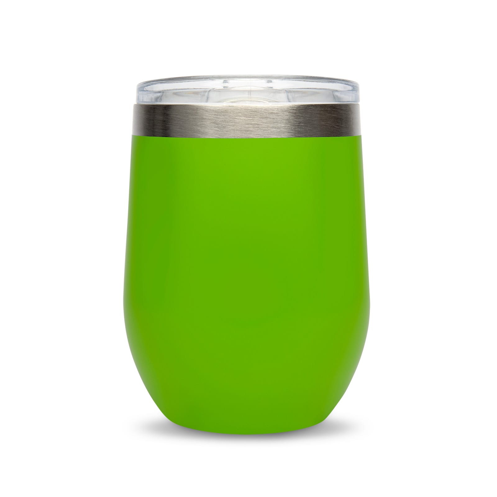A reusable coffee cup in vibrant green with a clear lid and stainless steel rim, designed for hot or cold beverages.