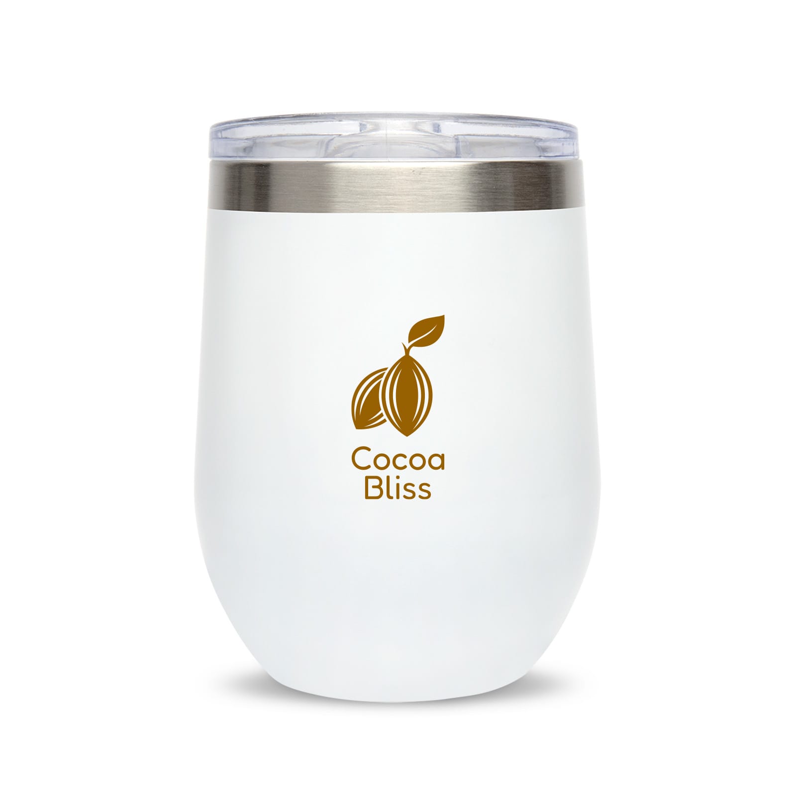 A reusable coffee cup featuring a sleek white design with a stainless steel lid and a logo that reads 
