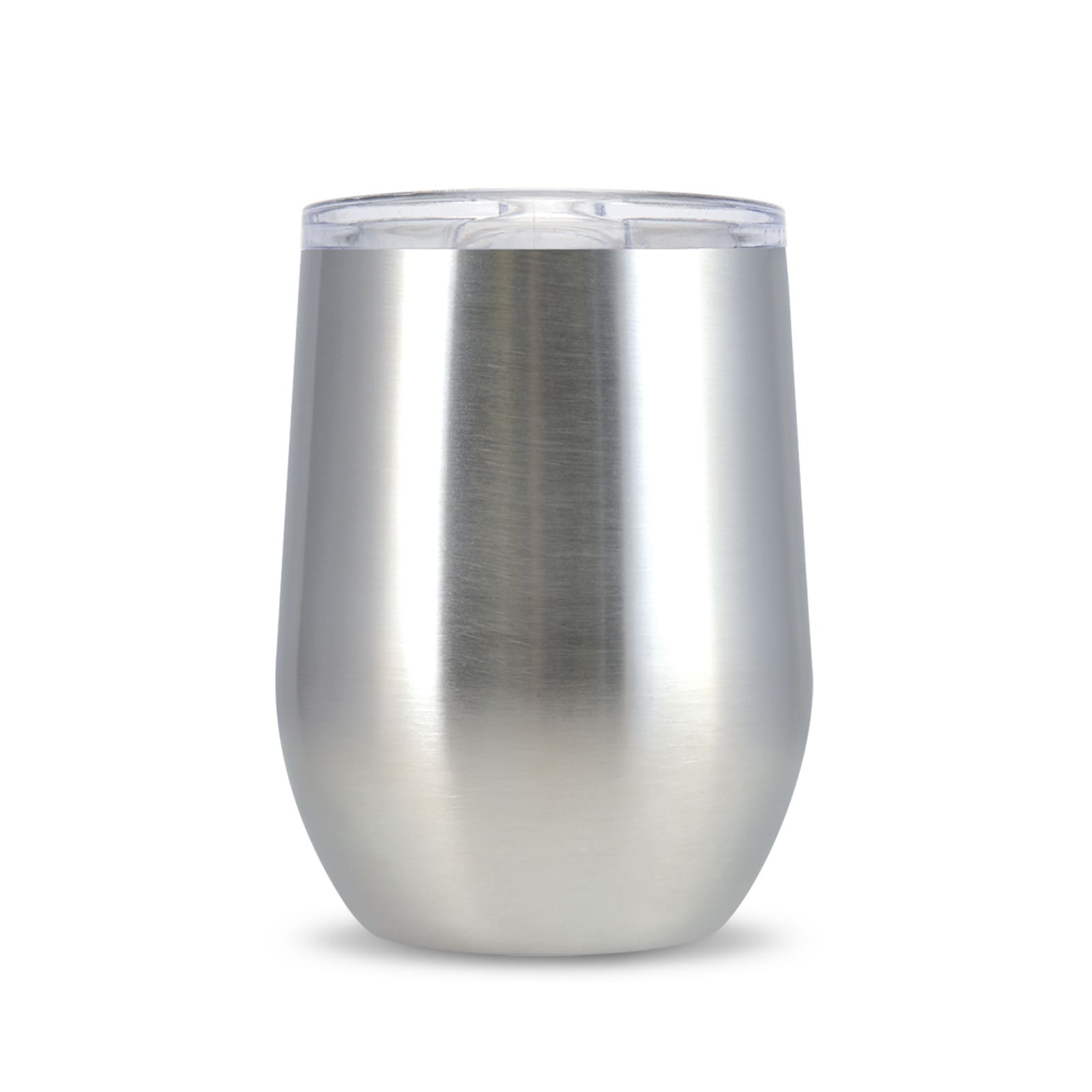 A reusable coffee cup with a sleek, stainless steel design and a clear lid.