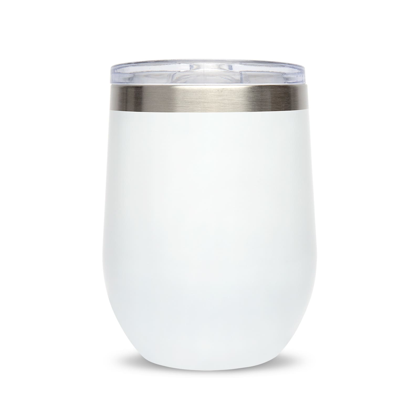 A reusable coffee cup in white with a stainless steel rim and a clear lid, featuring a smooth surface and rounded design.