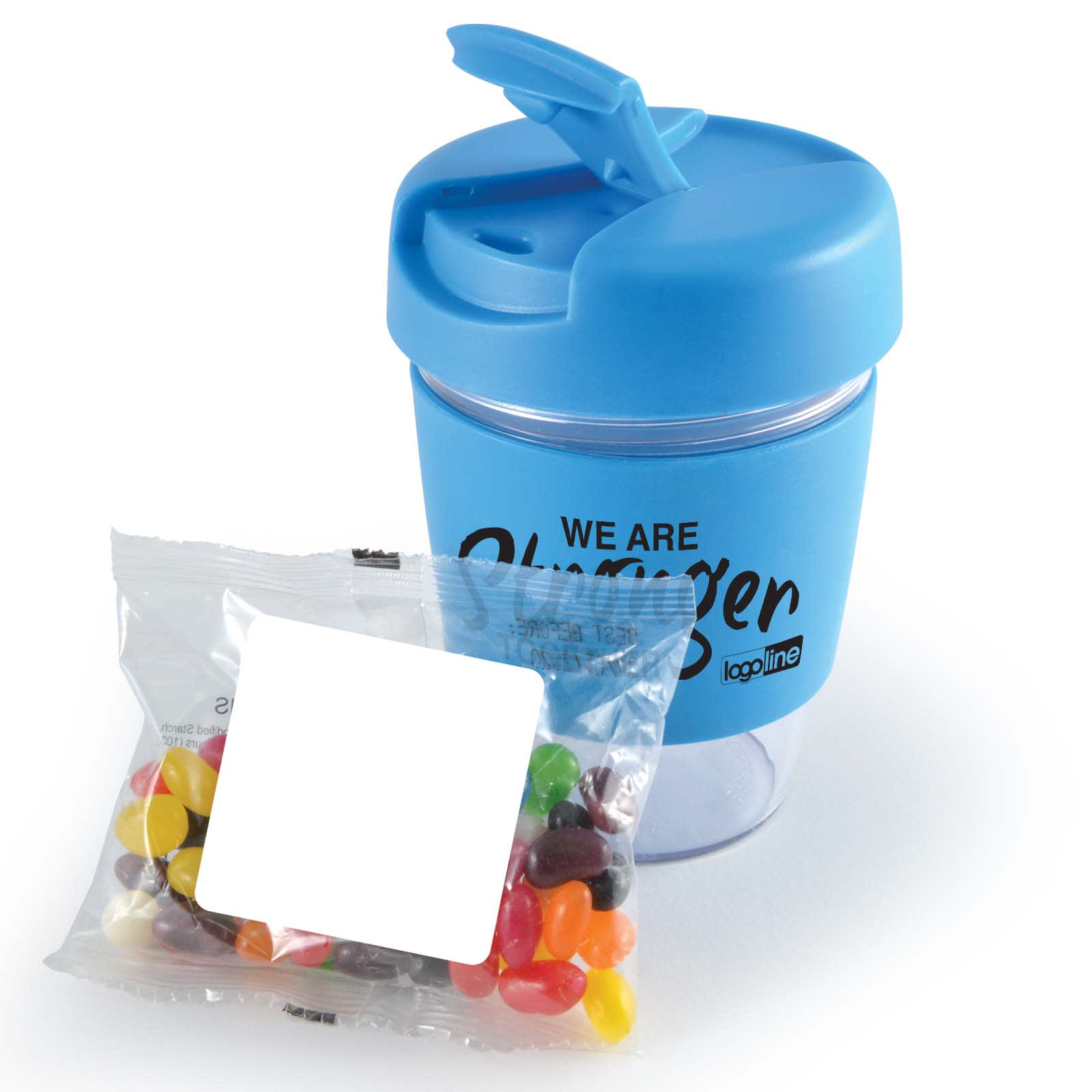 A blue reusable coffee cup with a lid next to a pack of colorful jelly beans. The cup features a logo.