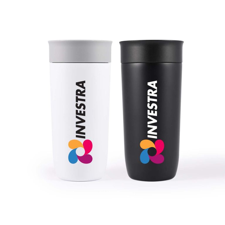 A reusable coffee cup set featuring a white and a black stainless steel design, both with a logo.