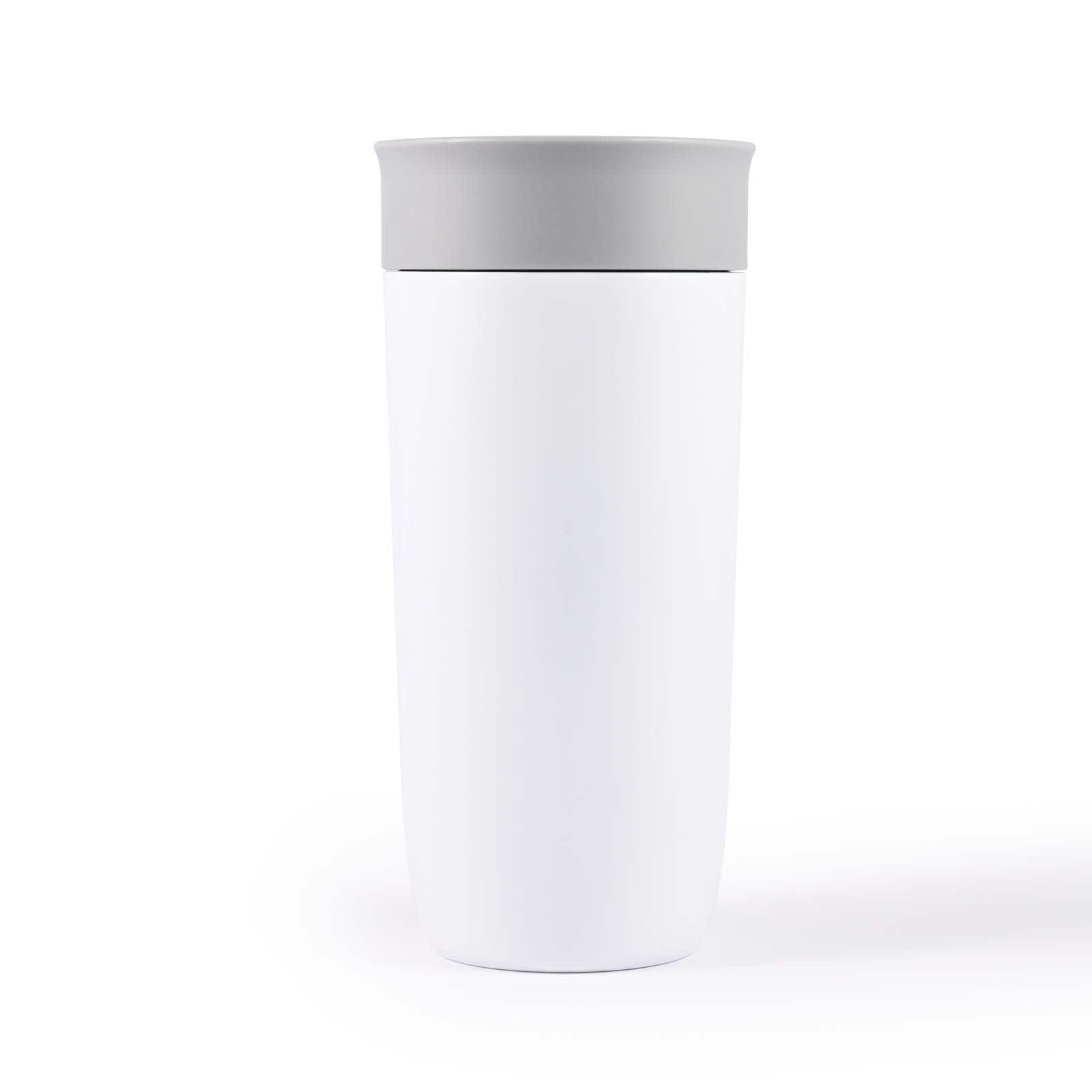 A stainless steel coffee cup with a sleek white body and a grey lid.