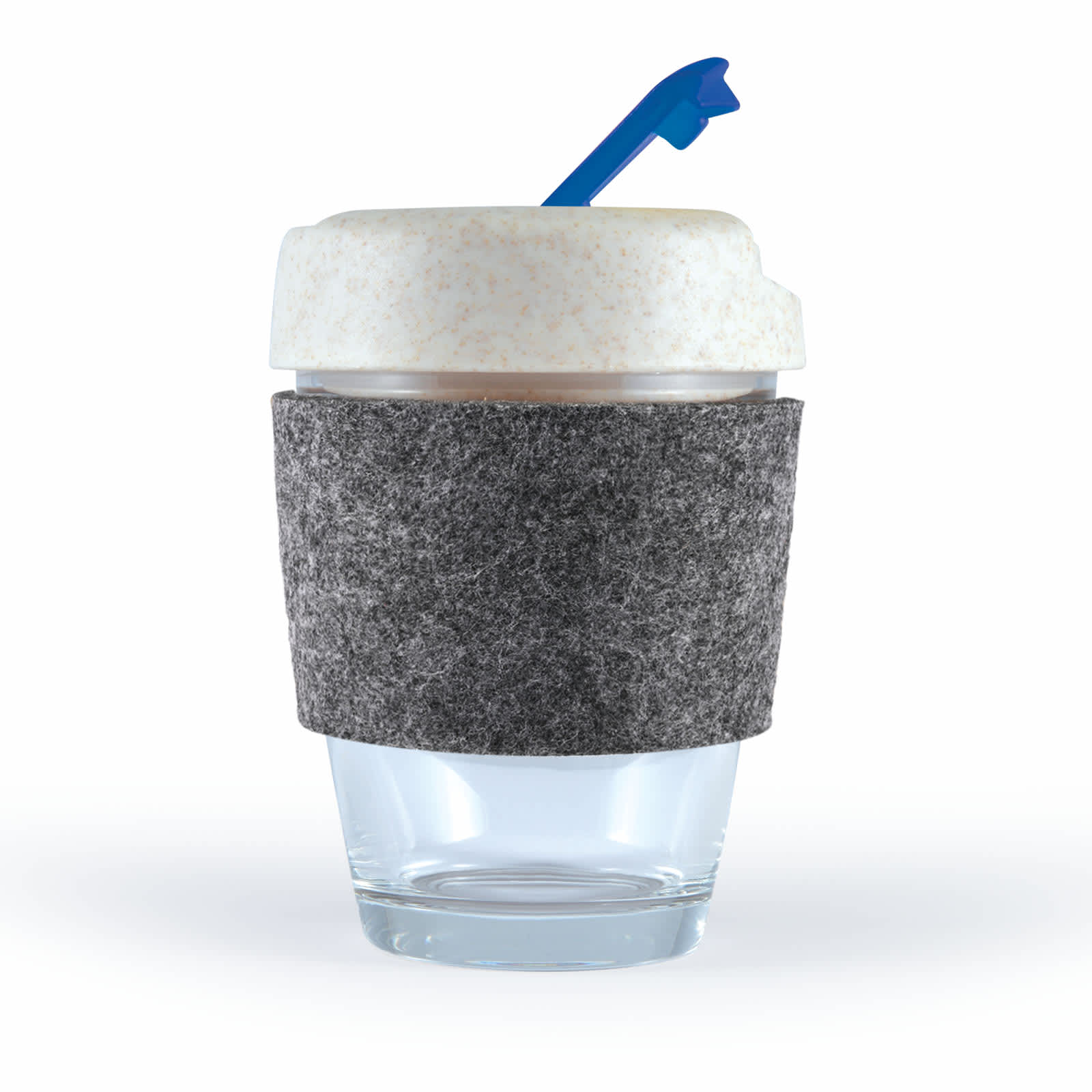 A reusable coffee cup with a white lid and a gray felt band, featuring a blue straw.