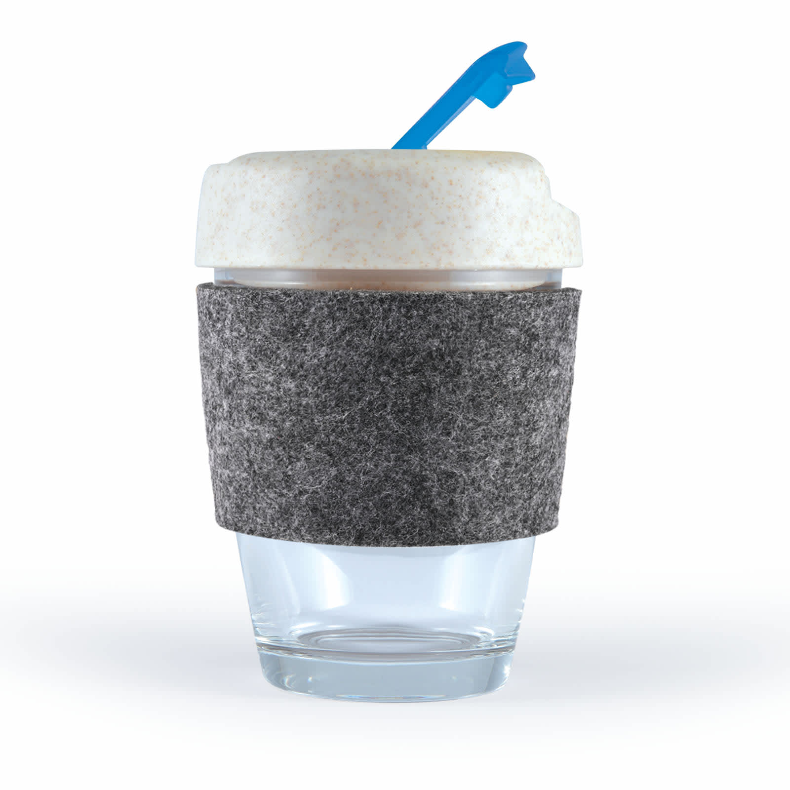A reusable coffee cup featuring a clear glass base, a textured gray RPET band, and a white lid with a blue straw.