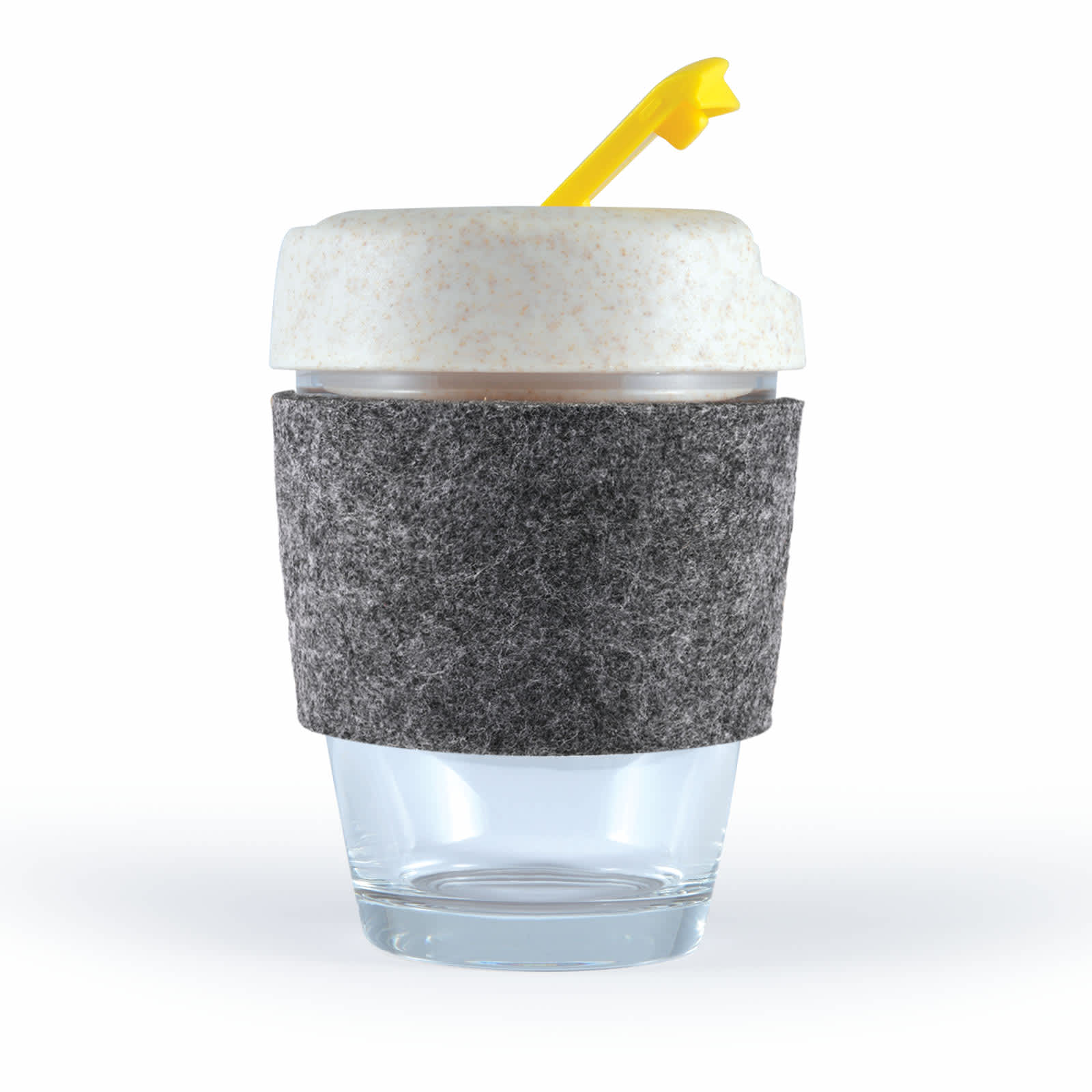 A reusable coffee cup with a clear base, white lid, grey RPET band, and a yellow straw. It features a logo.