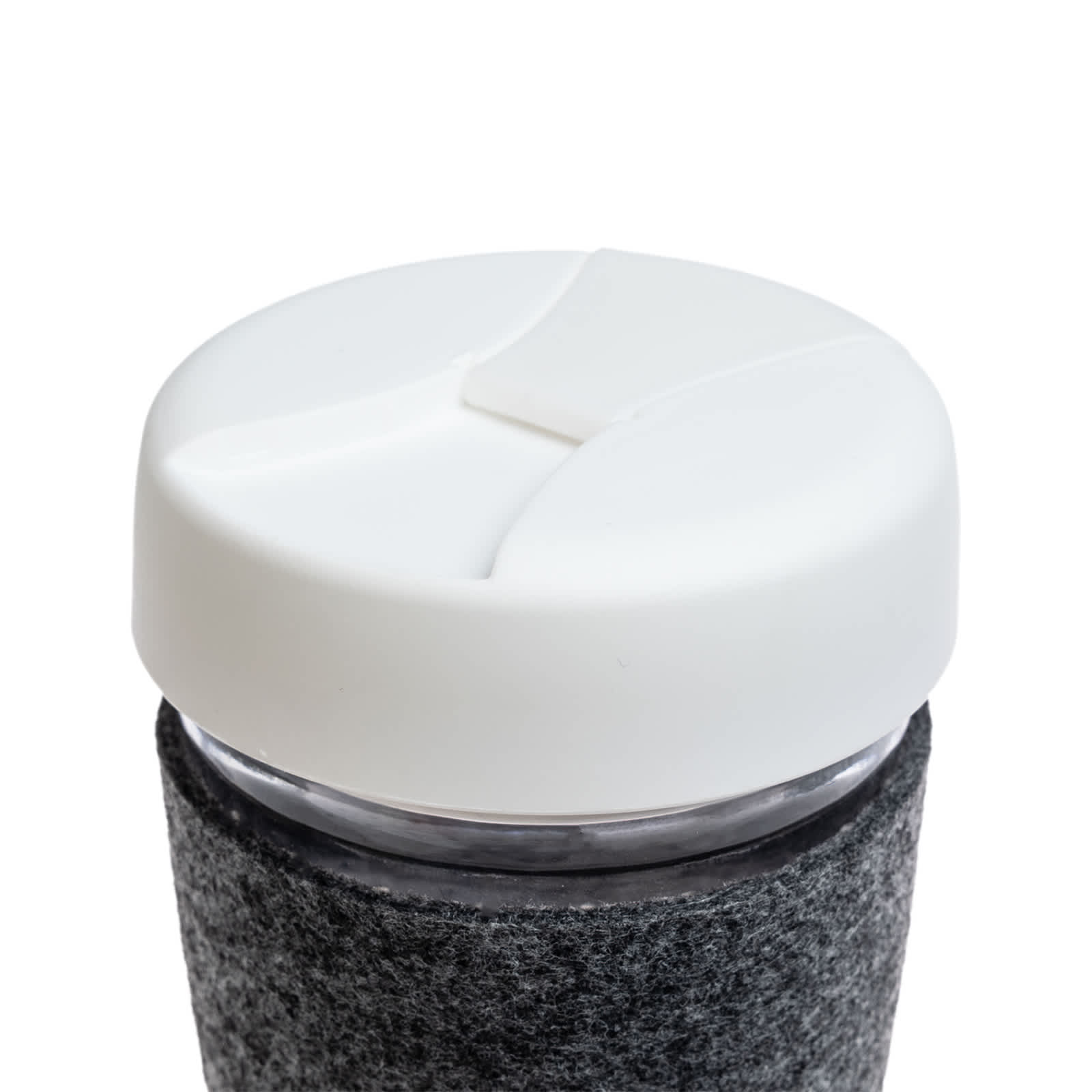 A reusable coffee cup with a white flip lid and a grey RPET band. The design includes a transparent body.