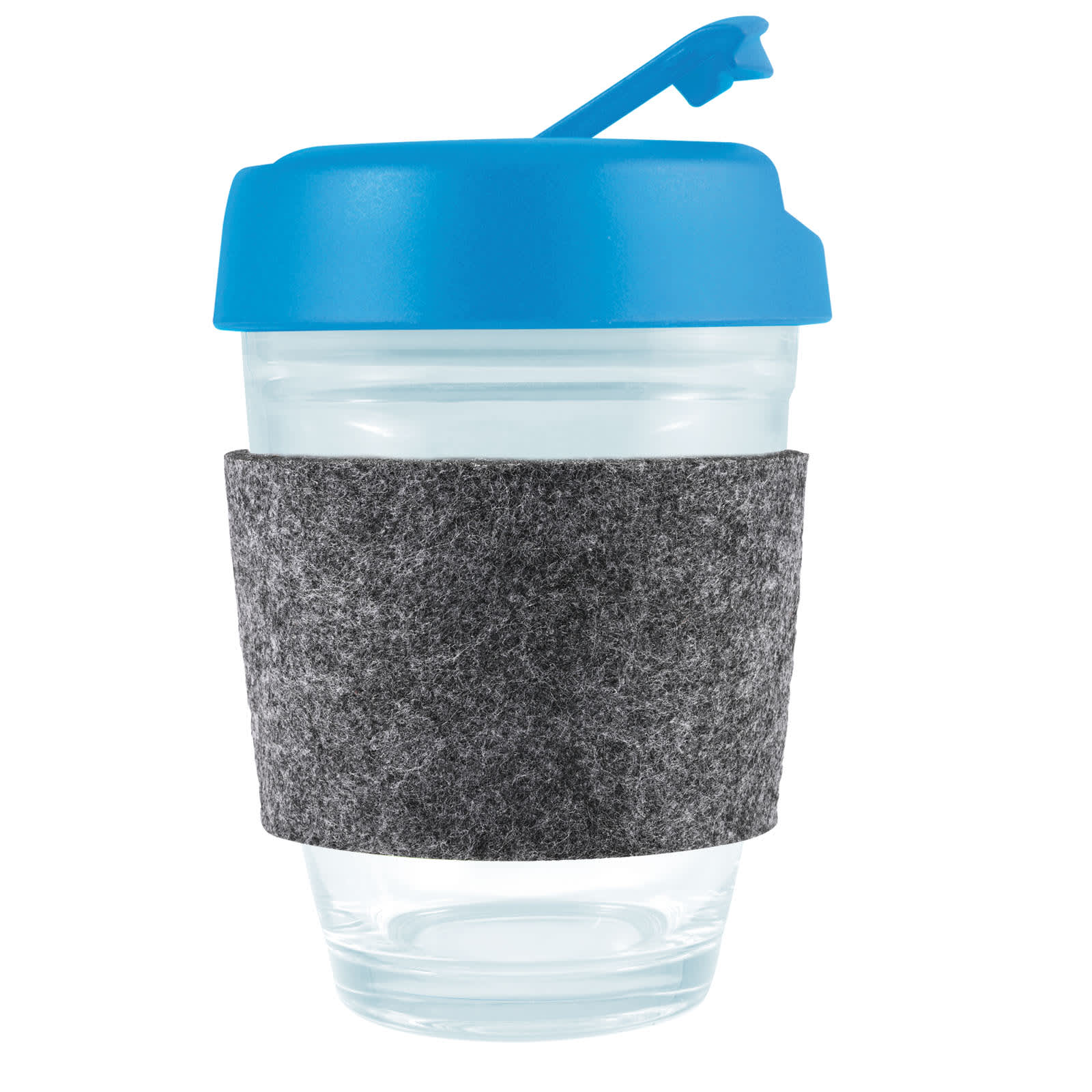A reusable coffee cup featuring a clear body, blue flip lid, and a grey RPET band for grip.