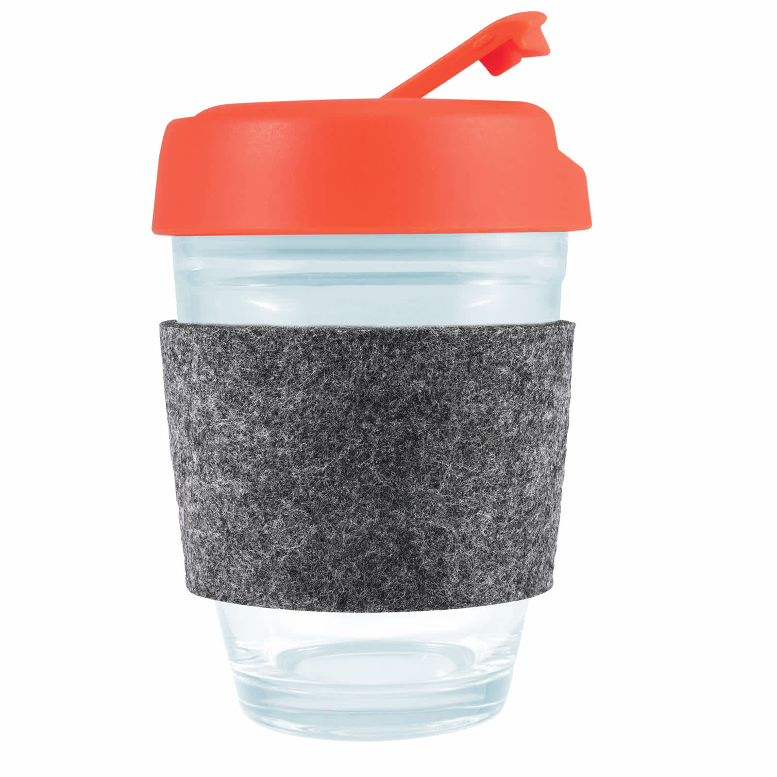 A reusable coffee cup with a transparent body, an orange flip lid, and a grey RPET band for grip.
