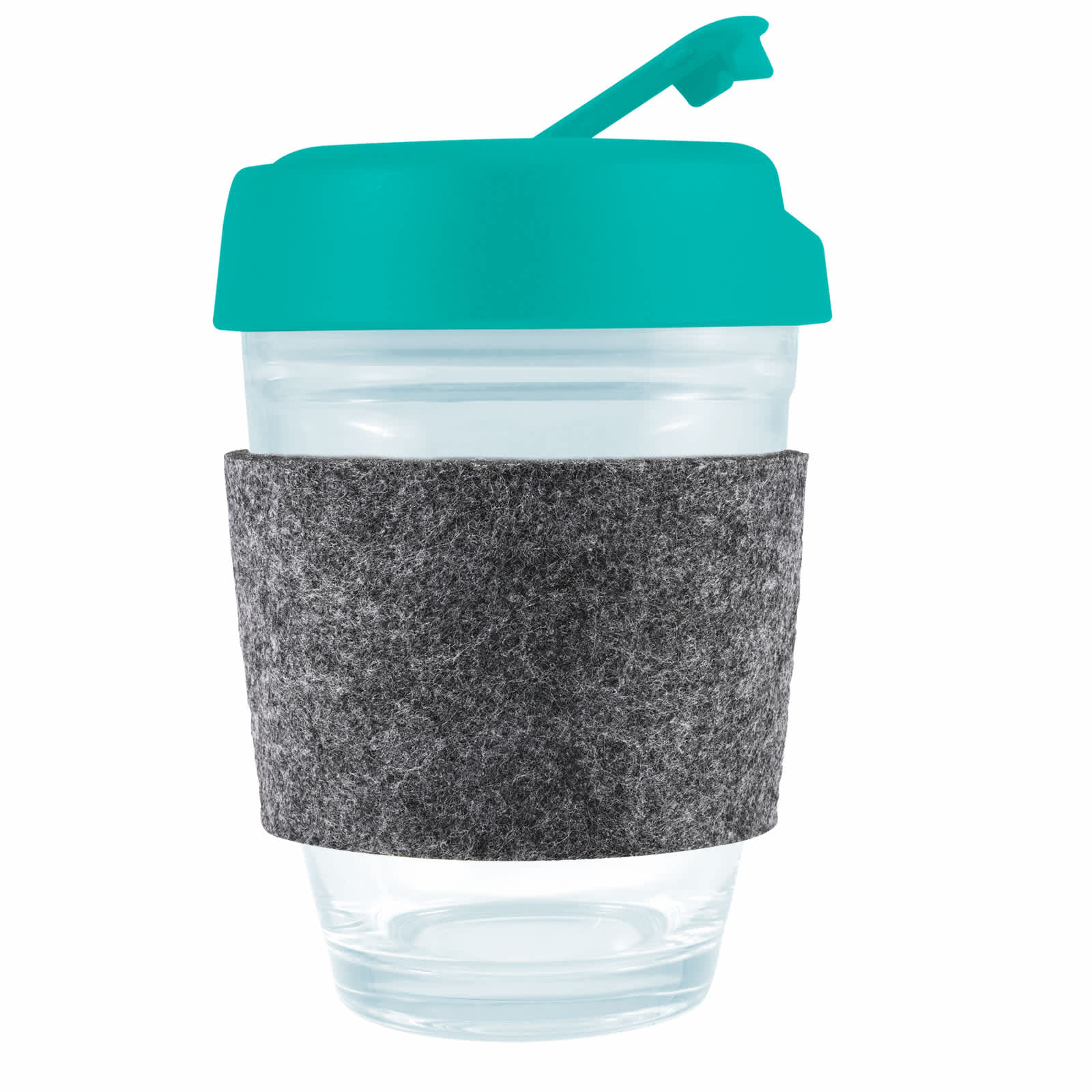 A reusable coffee cup designed with a clear body, a flip lid in turquoise, and a grey RPET band for insulation.