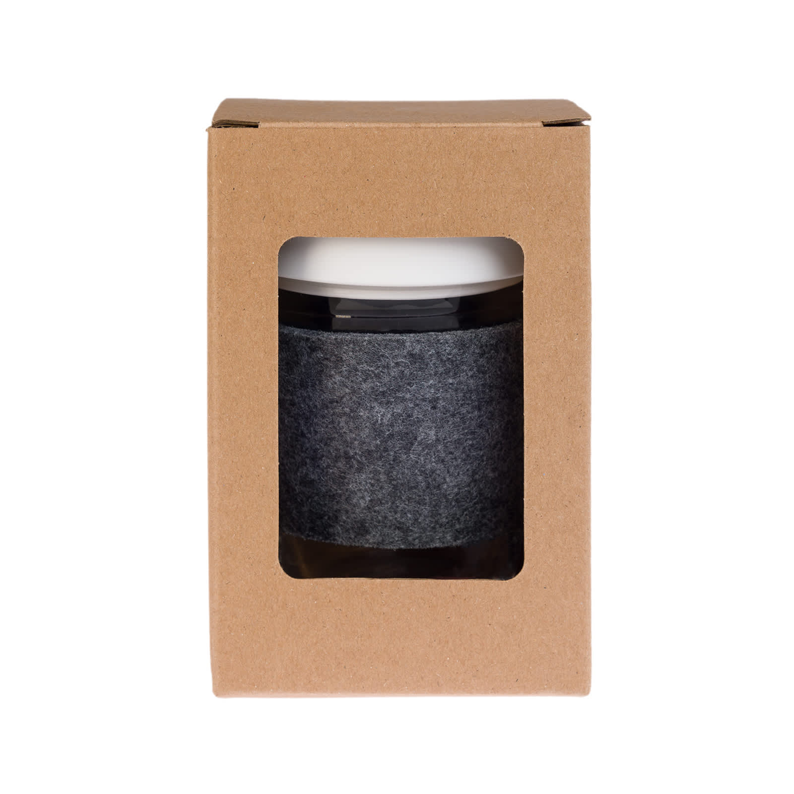 A reusable coffee cup featuring a flip lid and a grey RPET band, packaged in a simple cardboard box.