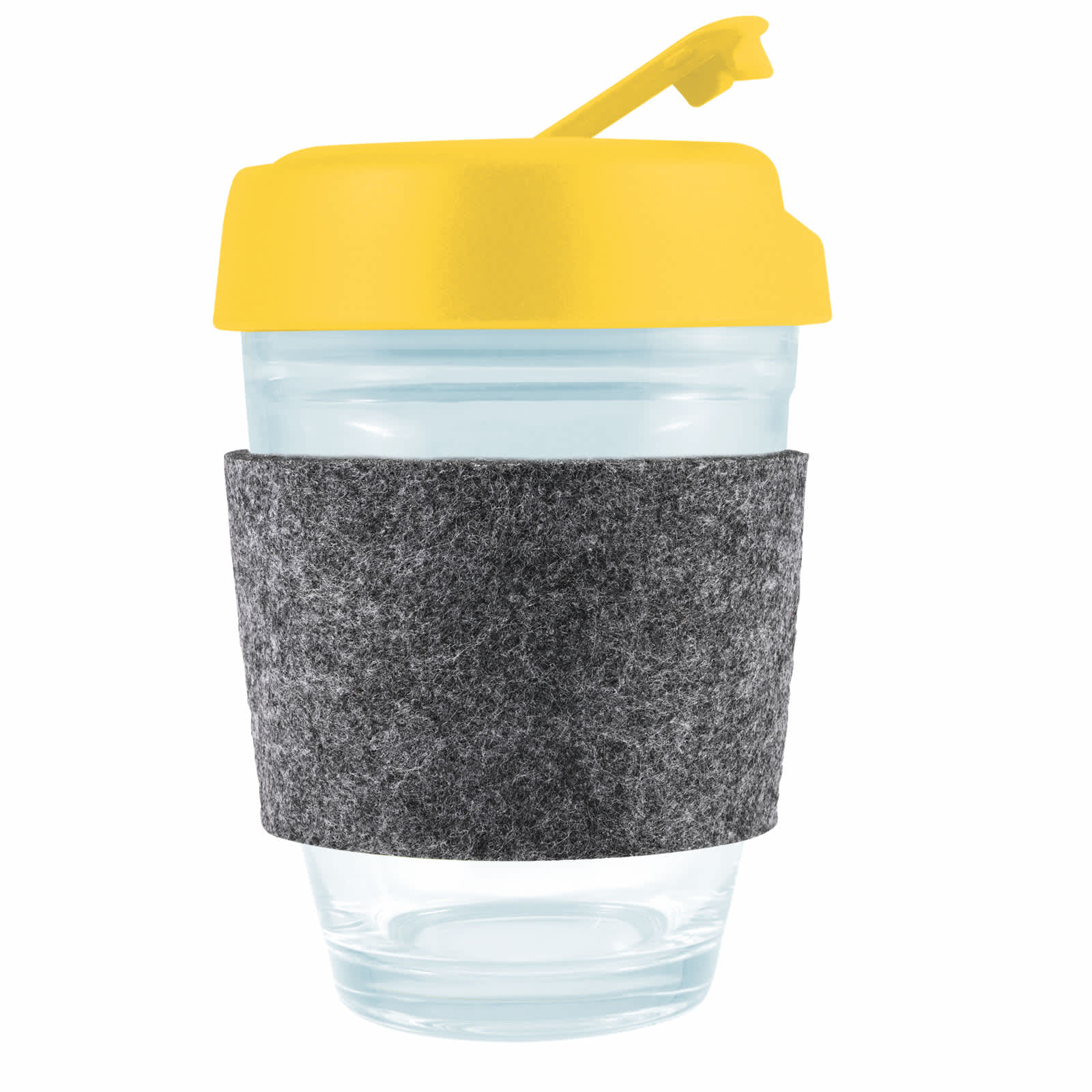 A reusable coffee cup with a yellow flip lid and a gray felt band around a transparent body. Features a logo.