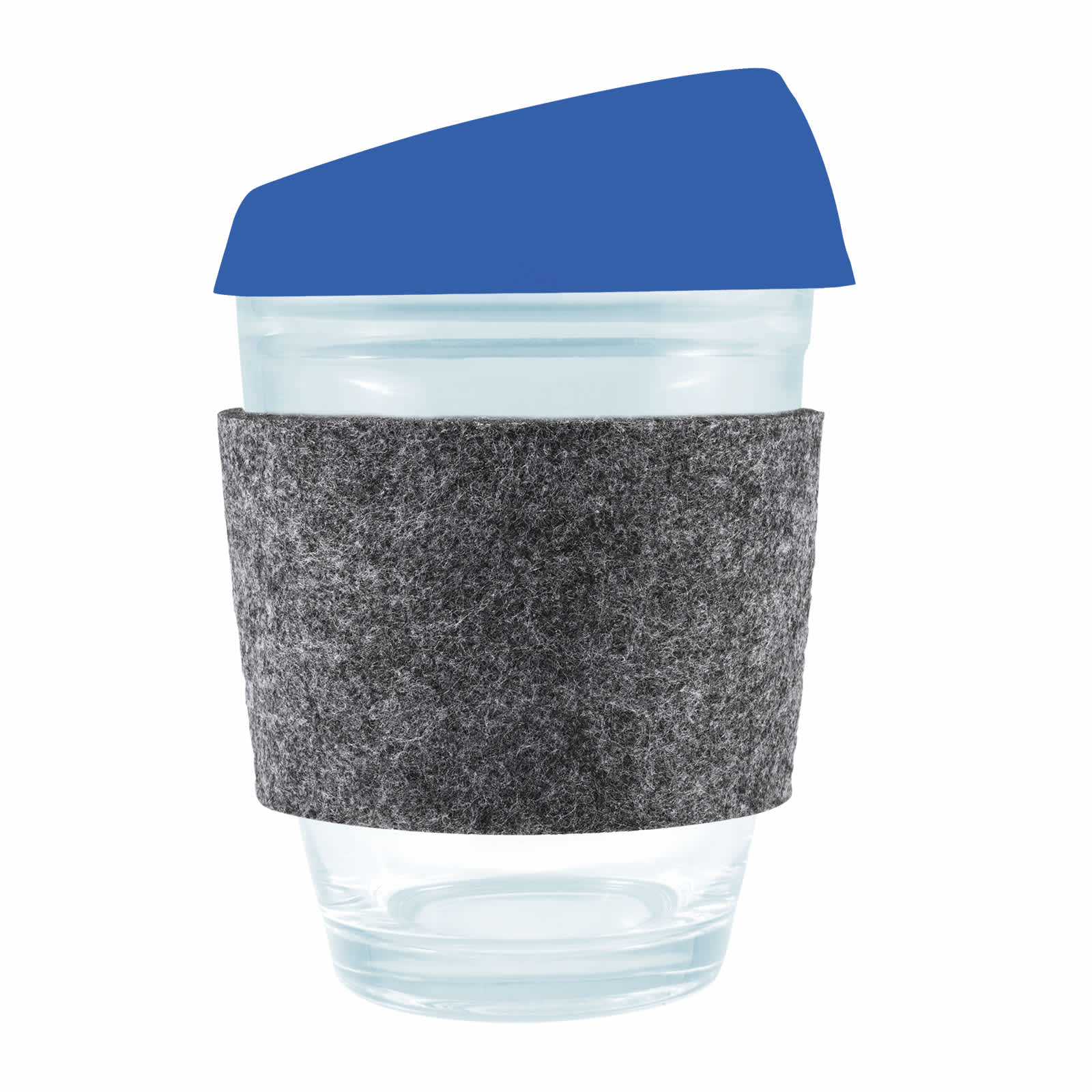 A reusable coffee cup featuring a clear body, a blue silicone lid, and a grey RPET band for insulation.
