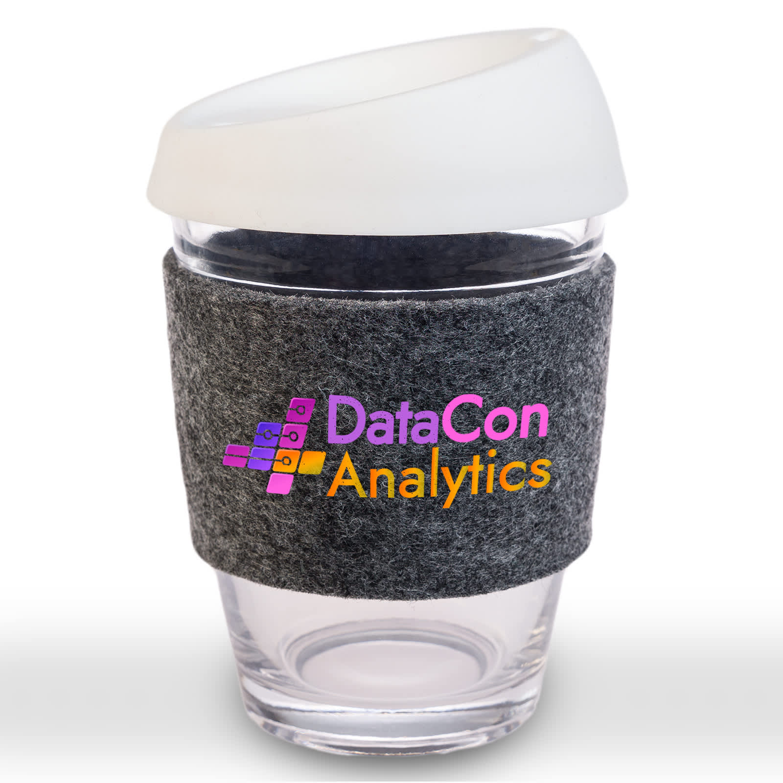 A reusable coffee cup featuring a silicone lid and a grey RPET band, branded with 
