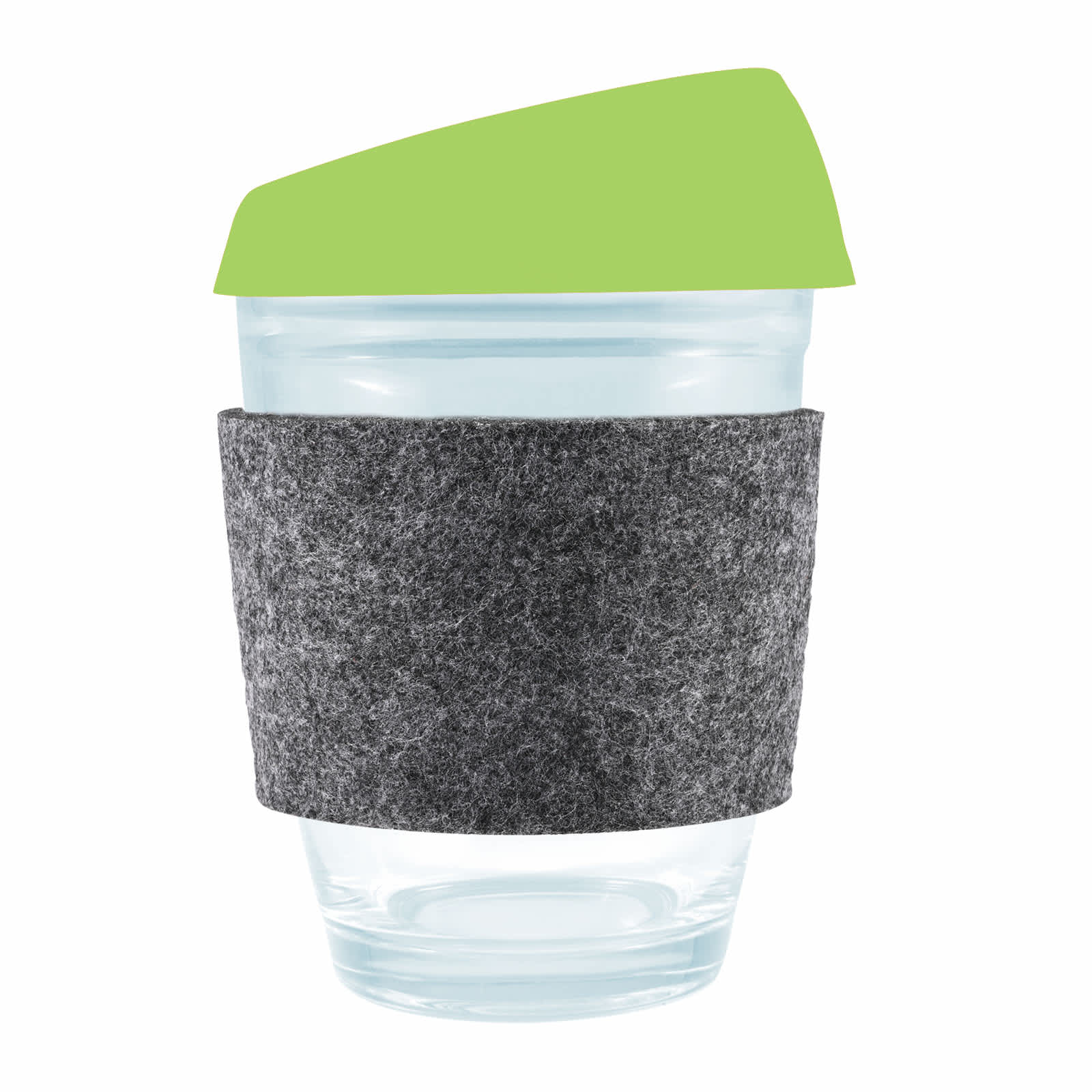 A reusable coffee cup featuring a clear design, a green silicone lid, and a gray felt band for grip.