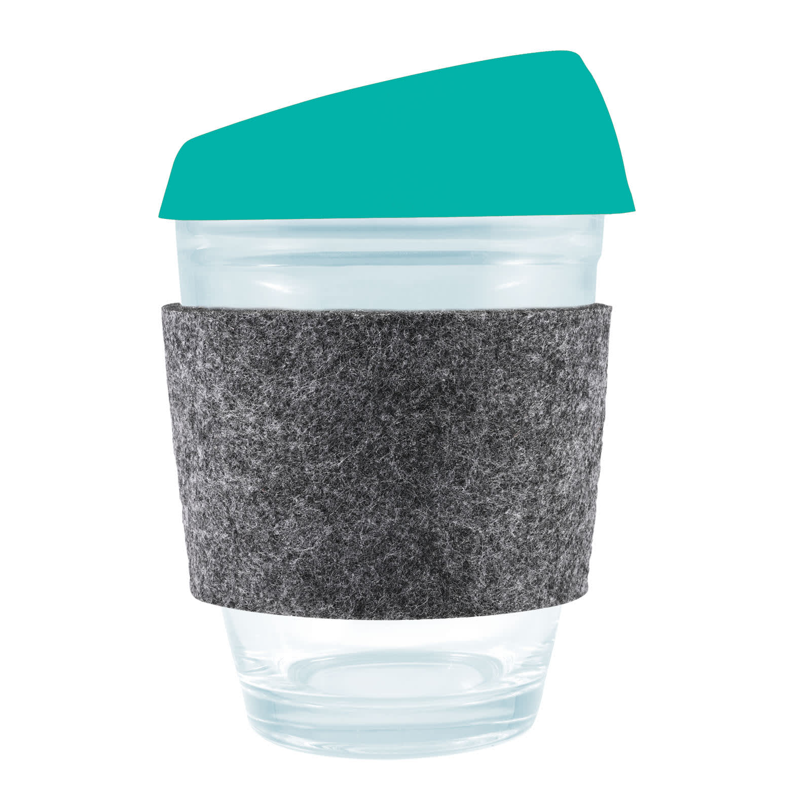 A reusable coffee cup featuring a clear body with a turquoise silicone lid and a gray RPET band for insulation.