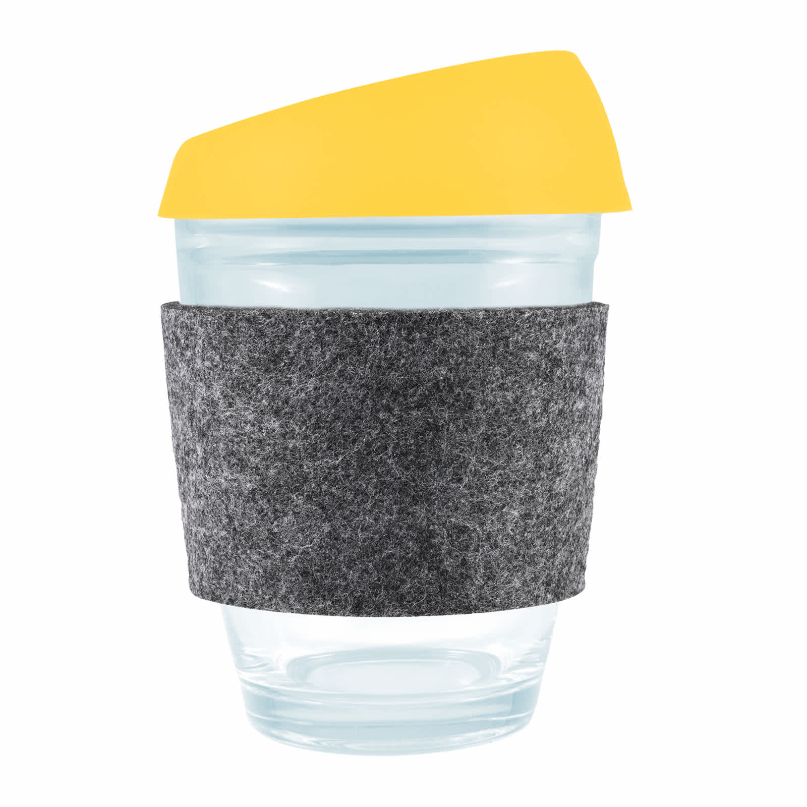 A reusable coffee cup featuring a transparent body, a bright yellow silicone lid, and a gray RPET band for insulation.