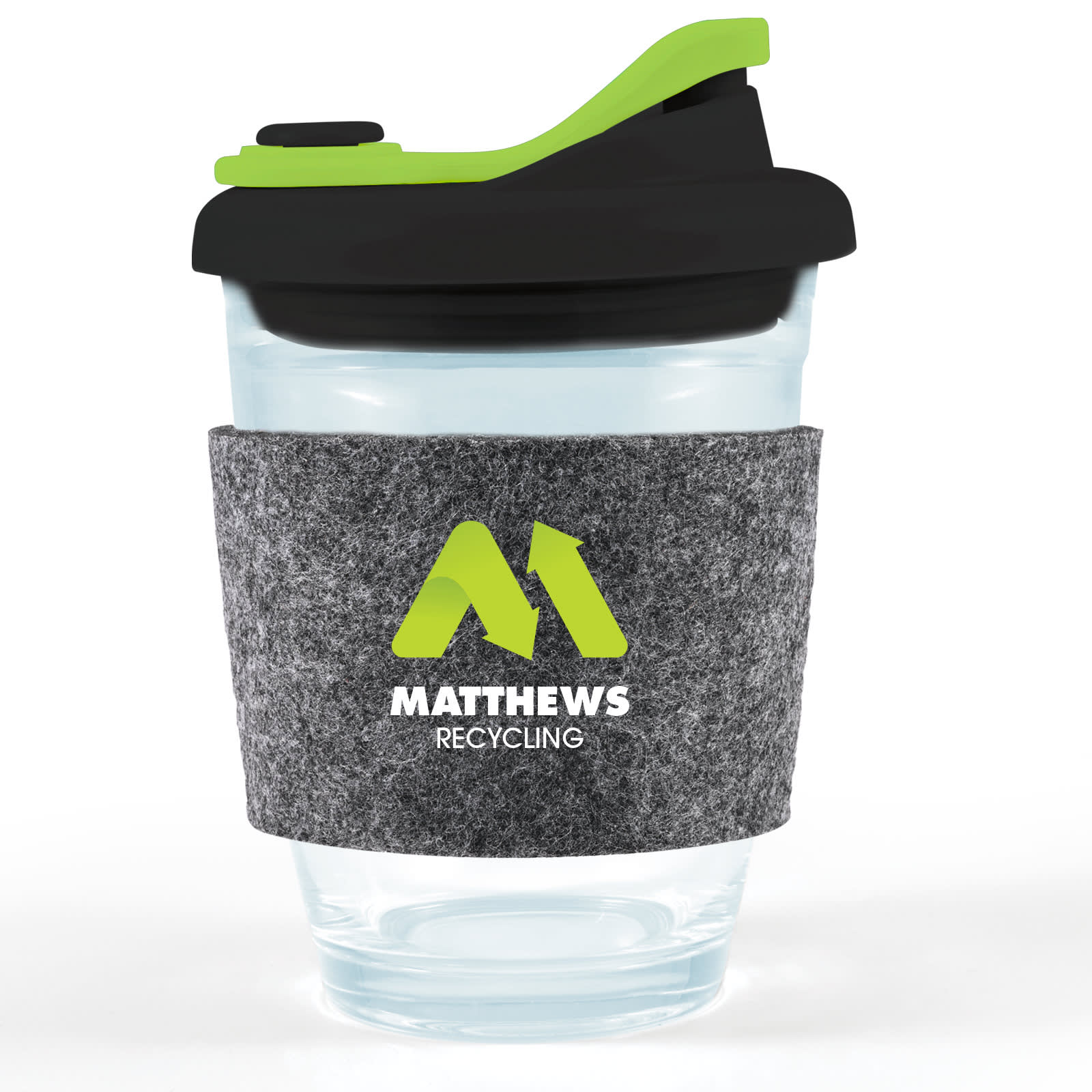 A reusable coffee cup with a clear body, black snap lid, and grey RPET band featuring a green logo.