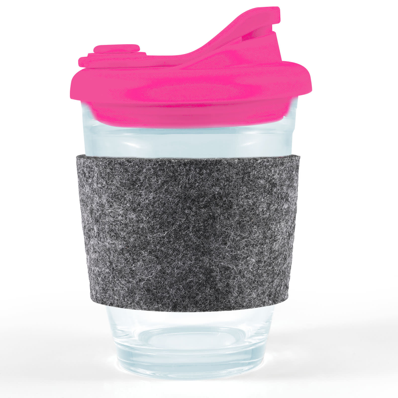 A reusable coffee cup with a clear body, a pink snap lid, and a gray RPET band for grip.