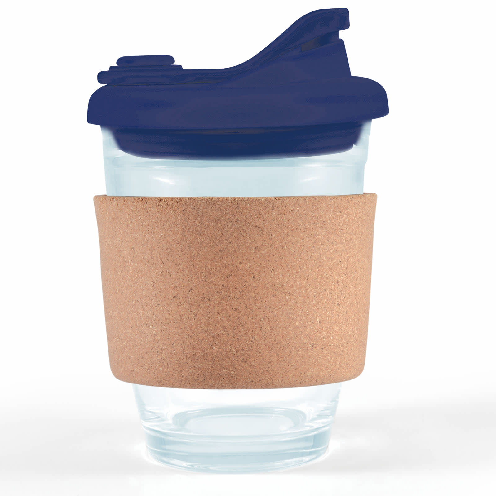 A reusable coffee cup with a navy snap lid and a cork band wrapped around a clear glass body.