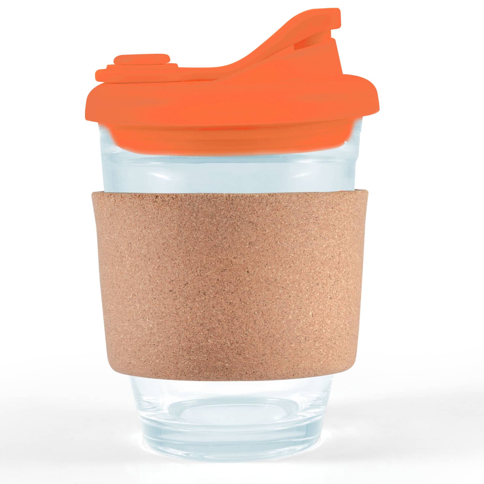 A reusable coffee cup featuring a transparent glass body, an orange snap lid, and a cork band for insulation.