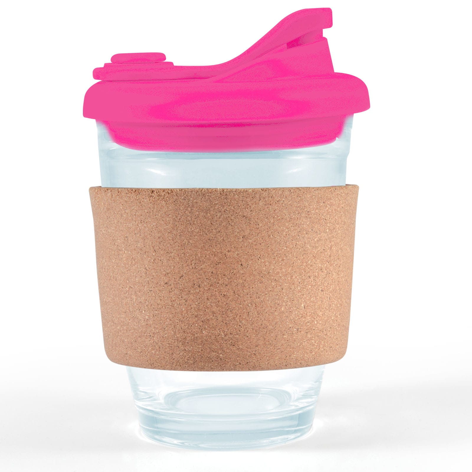 A reusable coffee cup features a clear glass body, a pink snap lid, and a cork band for grip and insulation.