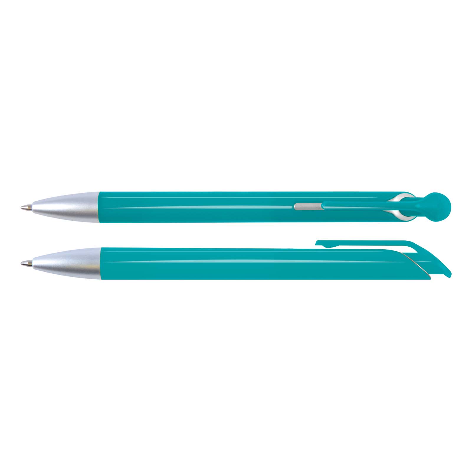 A teal plastic pen with a silver clip and tip, featuring a sleek design and a rounded end. It includes a logo.