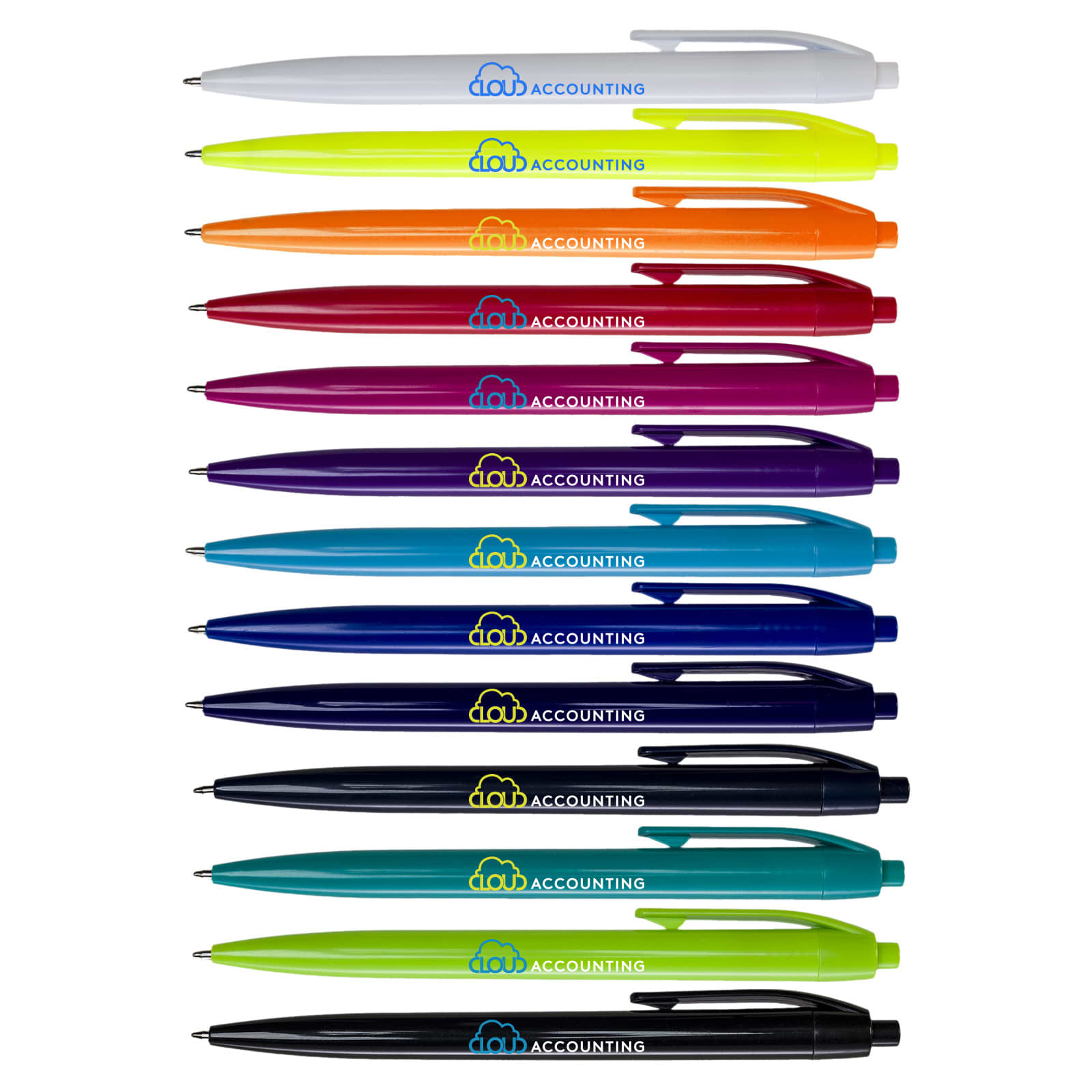 A collection of plastic pens in various colors including white, orange, pink, purple, and black. Each pen features a logo.
