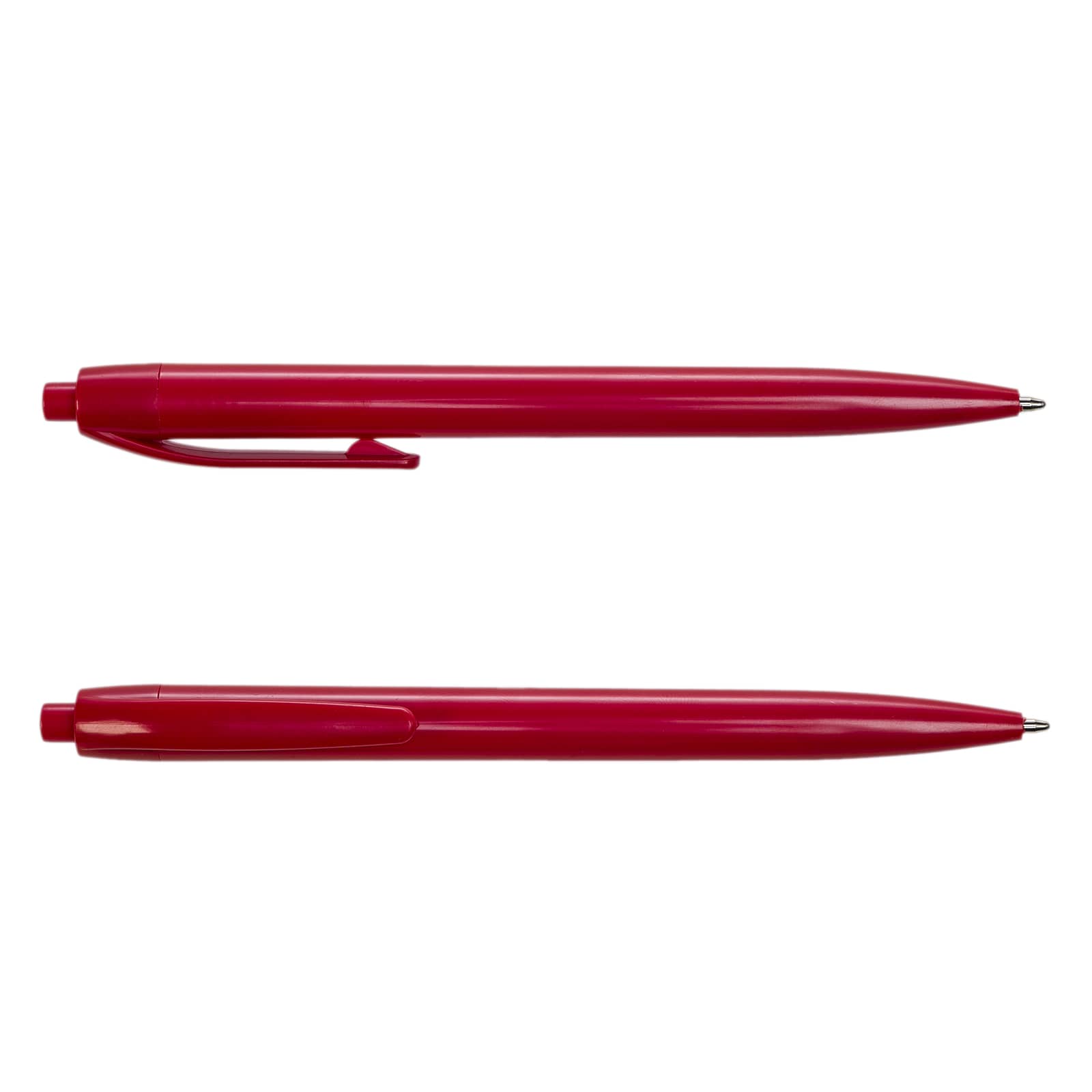 A set of bright red plastic pens, featuring a simple design and a clip for easy attachment.