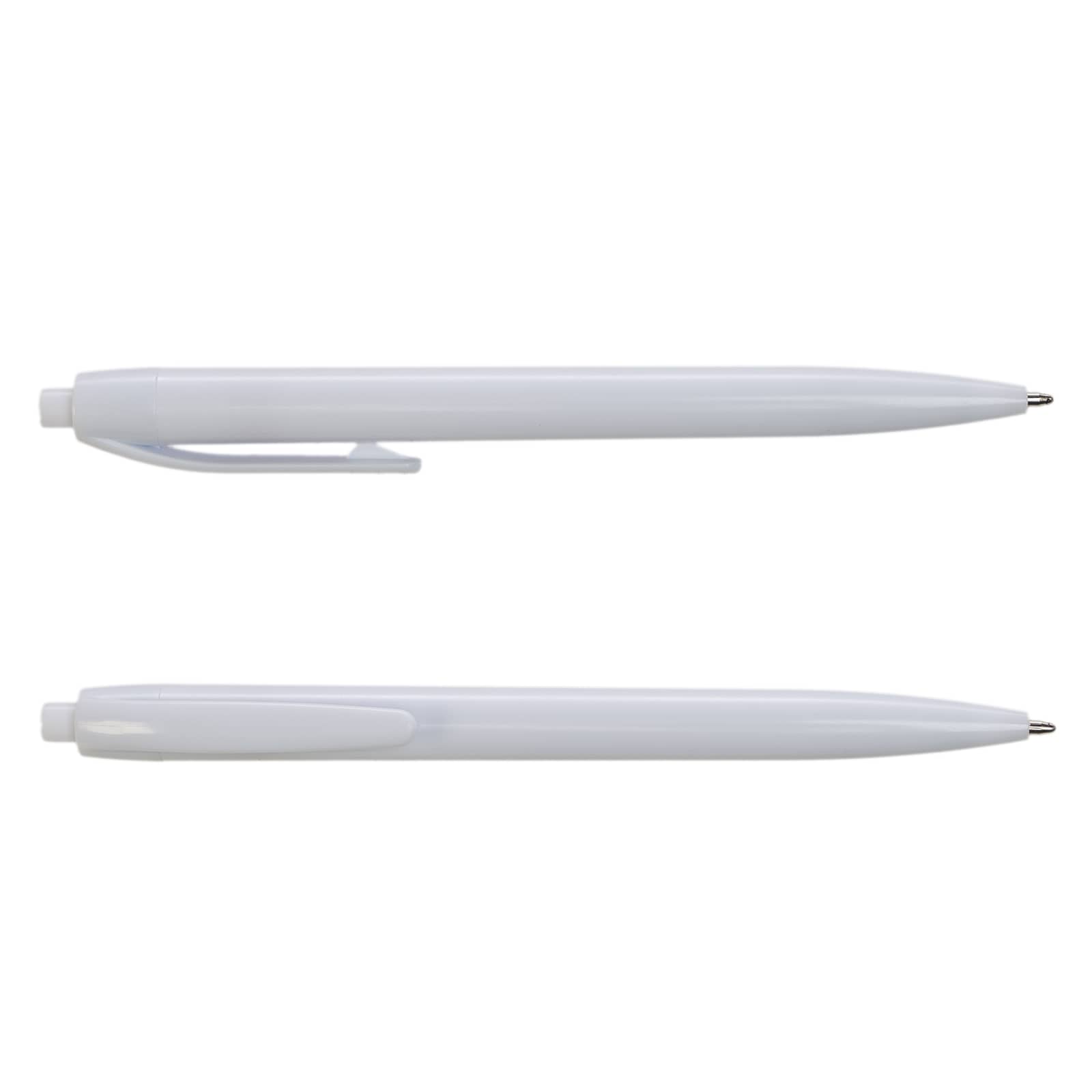A plastic pen in a light blue color, featuring a clip and a smooth barrel design. The pen is shown from two angles.