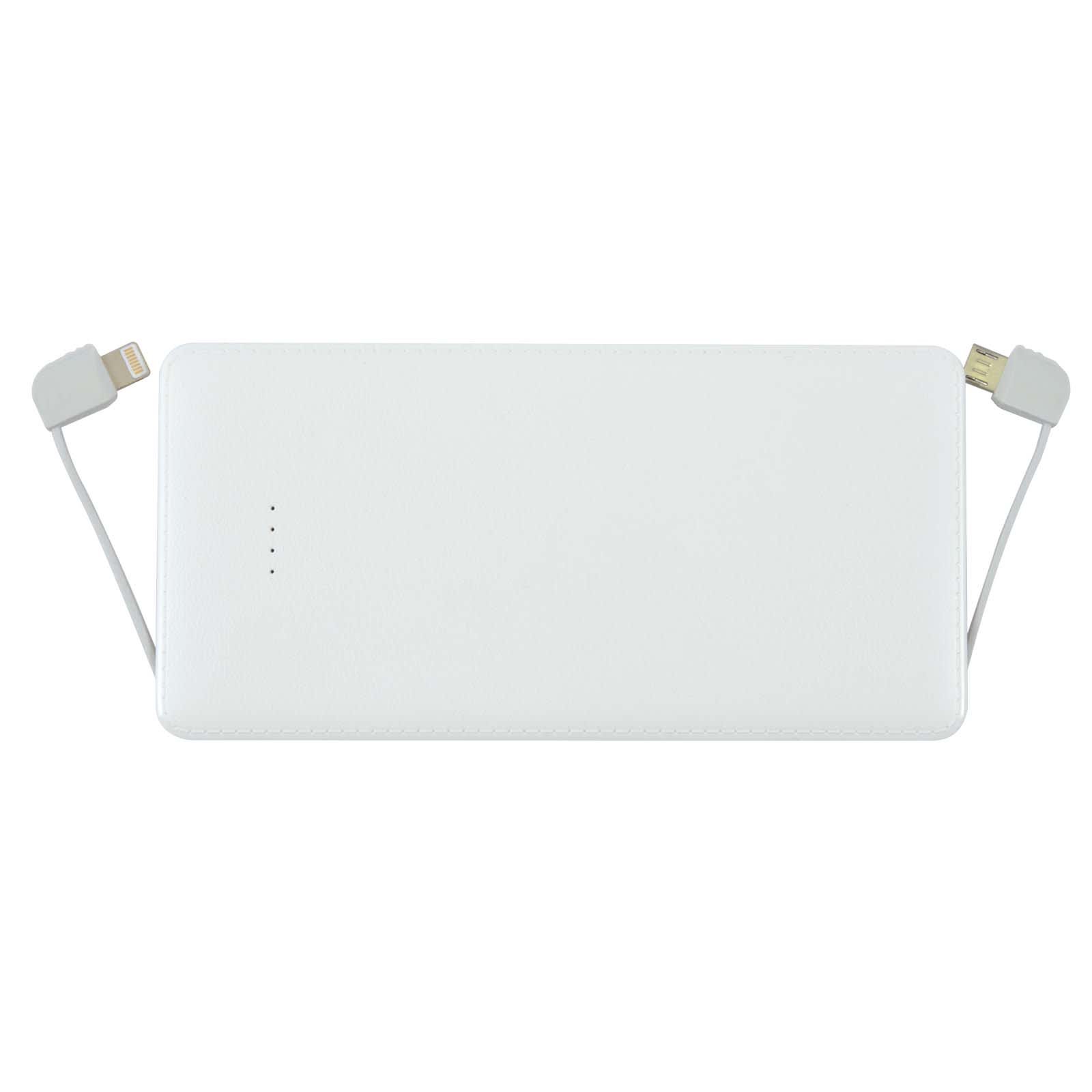 A white power bank with built-in charging cables and indicator lights, featuring a minimalist design and a logo.