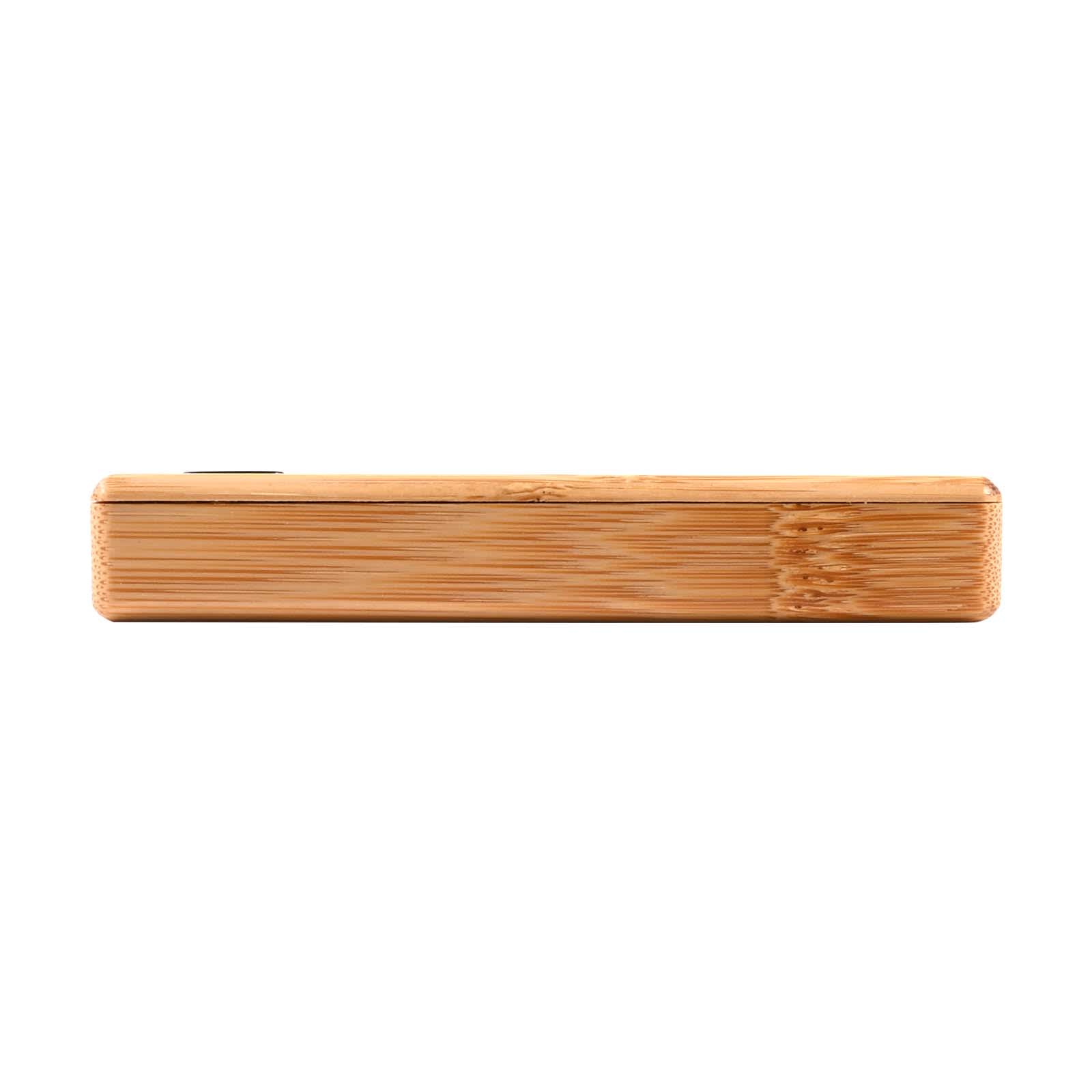 A bamboo power bank with a 5,000mAh capacity. The sleek, rectangular design showcases a natural bamboo finish.