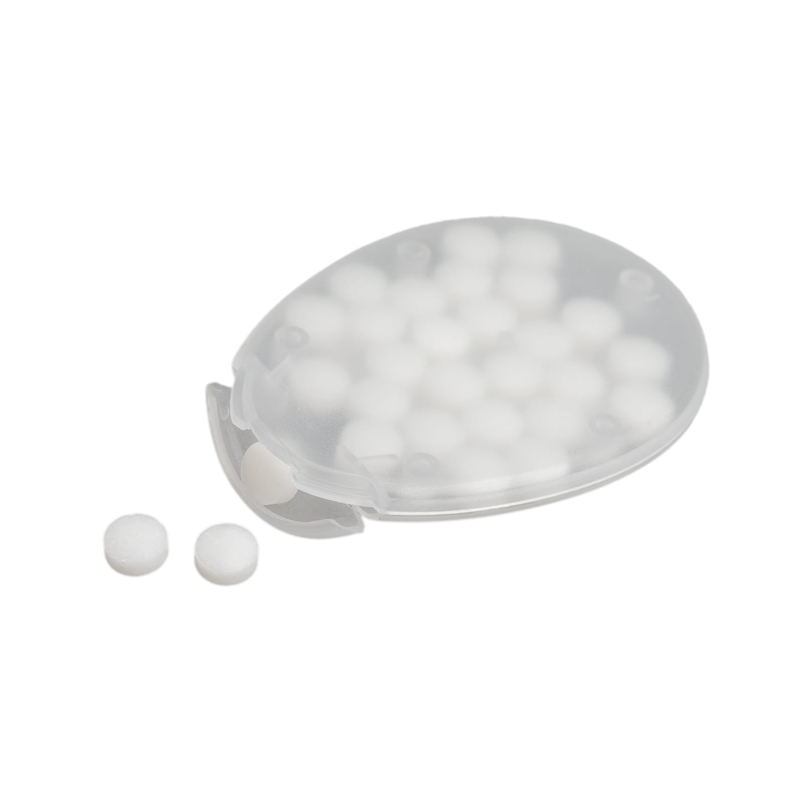 An egg-shaped container holding white, sugar-free breath mints, with some mints visible outside the container.