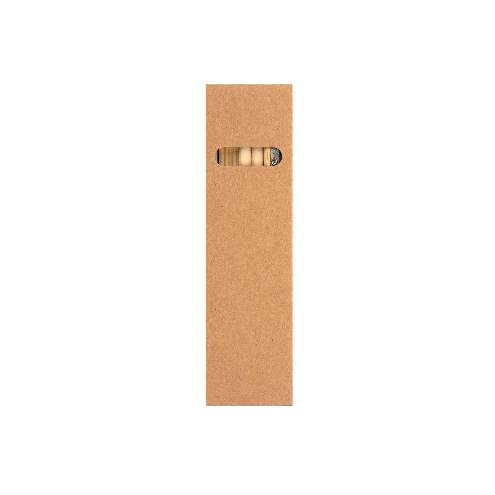 A brown kraft box containing wooden stationery items, featuring a cut-out window to view the contents.