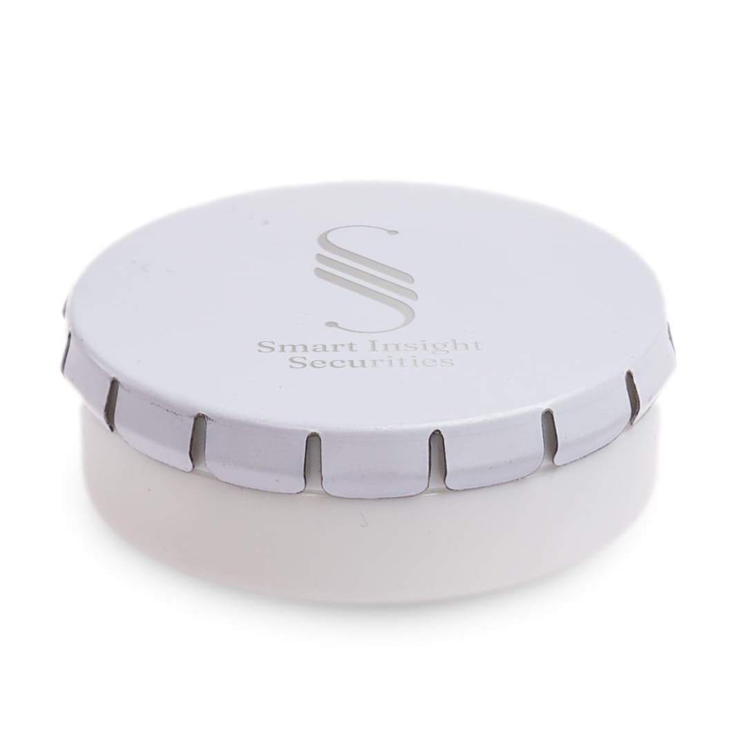 A mint tin featuring a white lid with the logo of DataCon Analytics and the text 