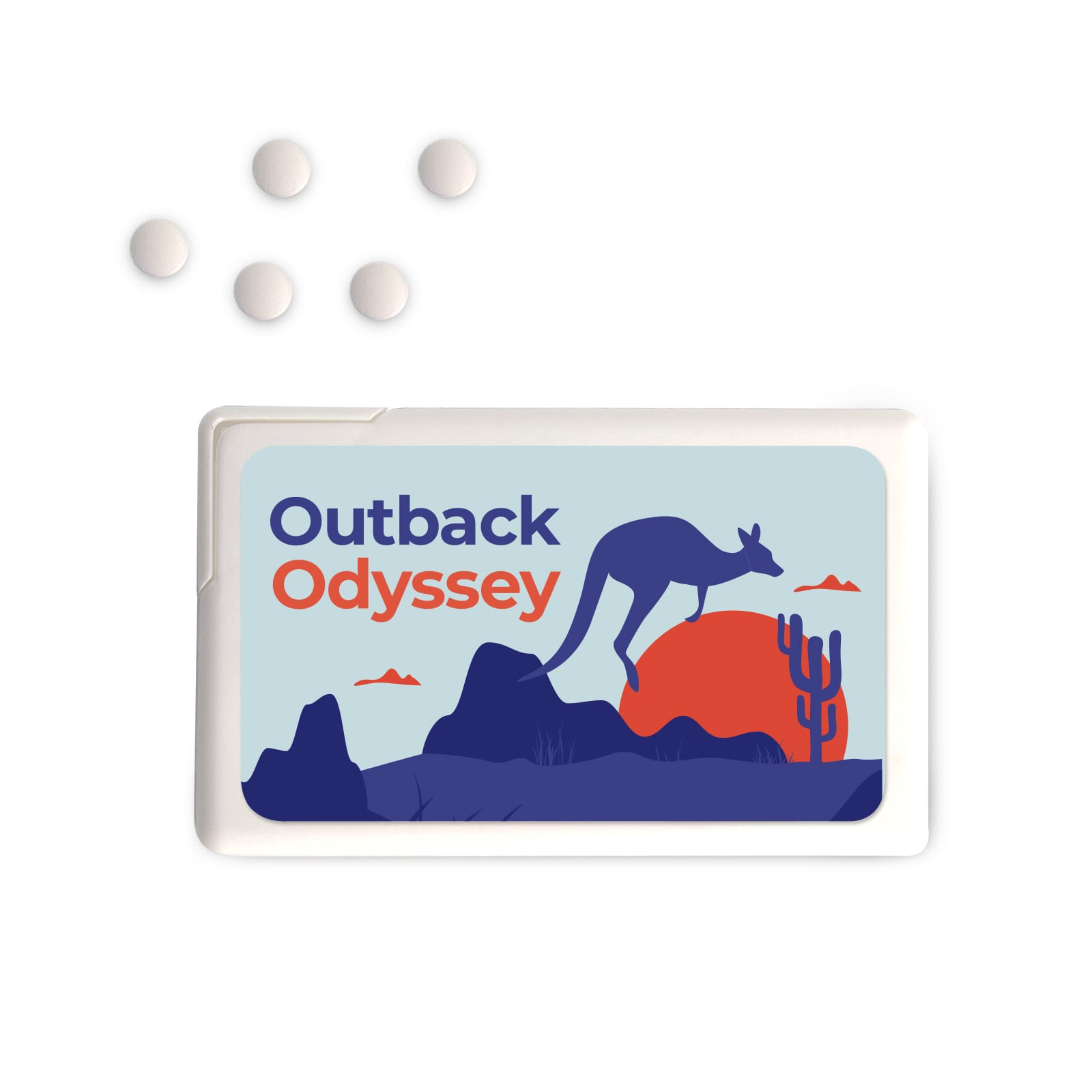 A rectangular container of sugar-free breath mints featuring a kangaroo design, accompanied by several mints.