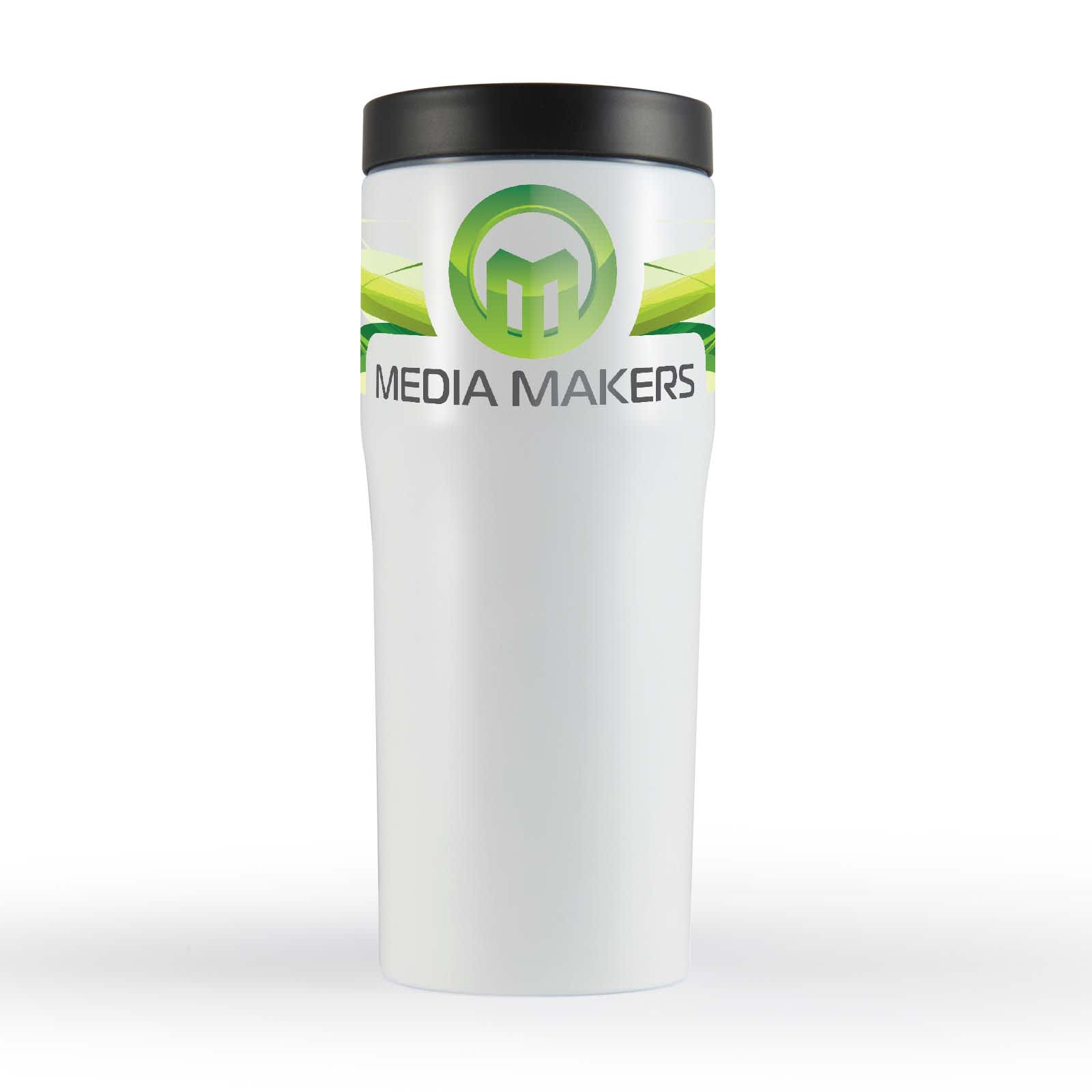 A travel mug featuring a white body with a black lid and a logo on the front.