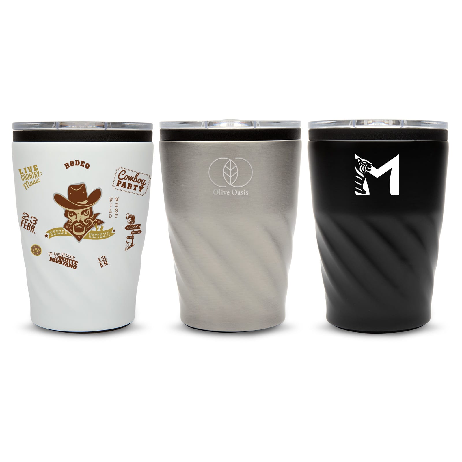 Three reusable coffee cups in white, stainless steel, and black, each with unique designs and logos.