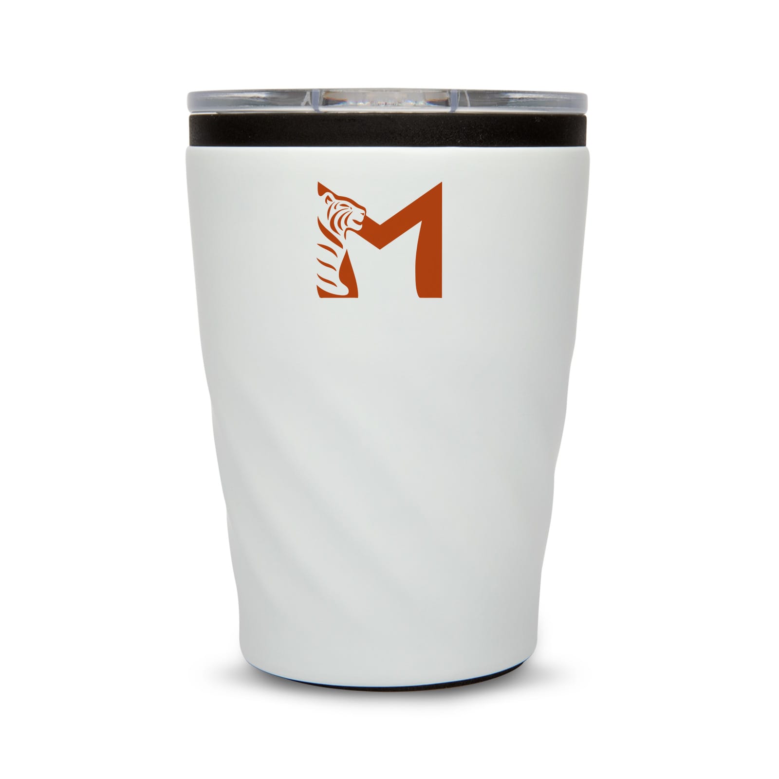 A reusable coffee cup in white with a textured design and a logo on the front.
