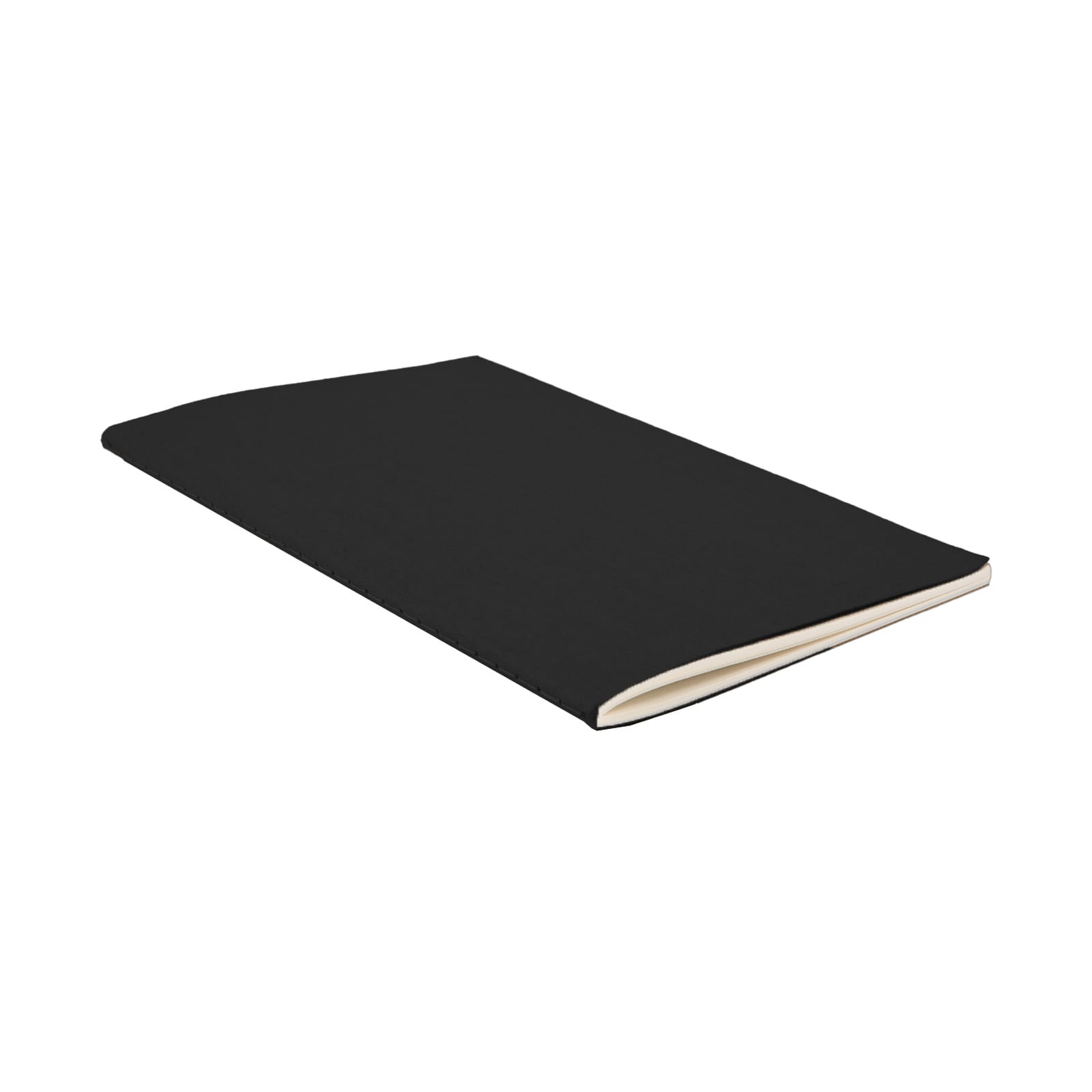 A black notebook with a simple cover, featuring stitching along the spine. Ideal for writing and note-taking.