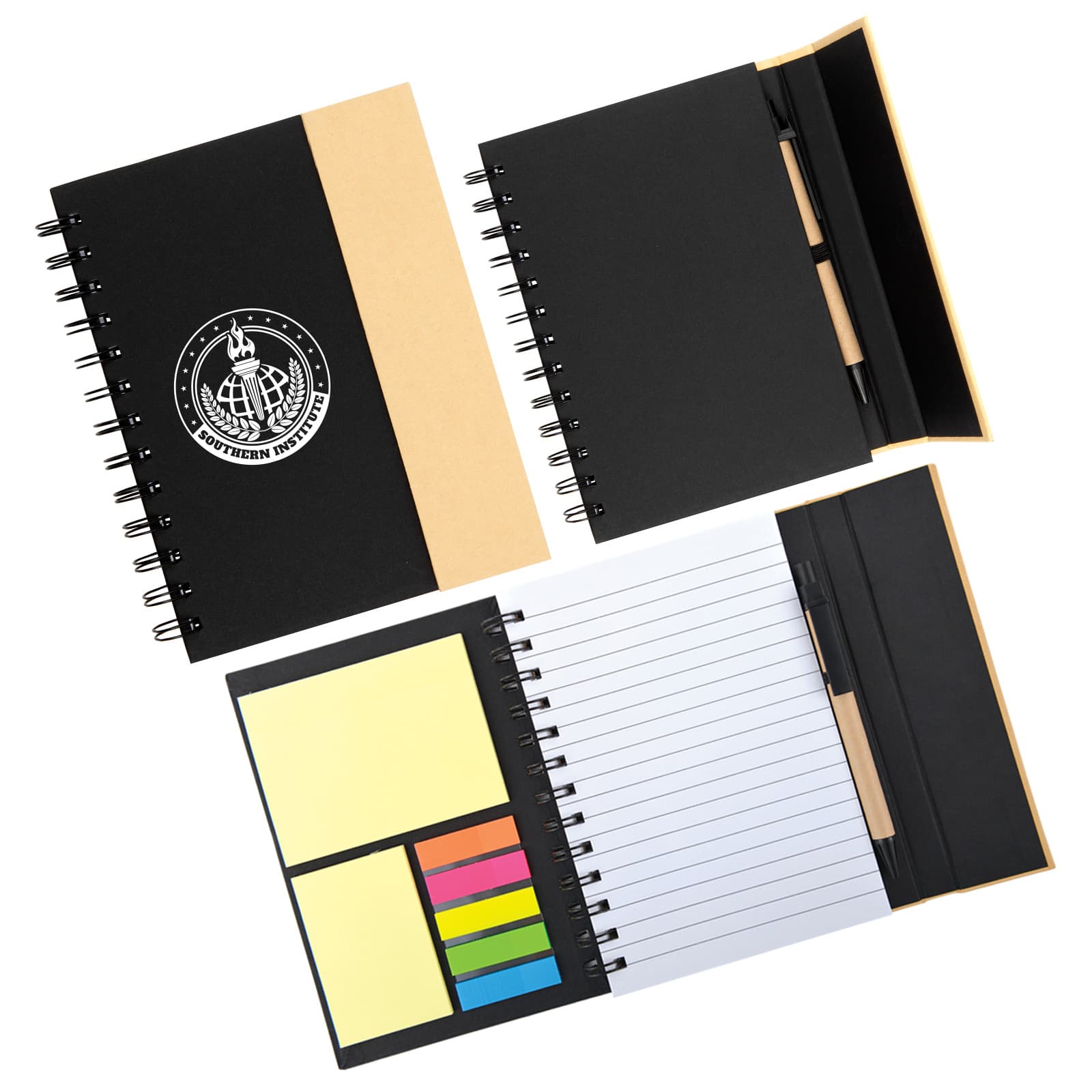 A spiral-bound notebook with a black cover, containing lined pages, sticky notes, and a logo.