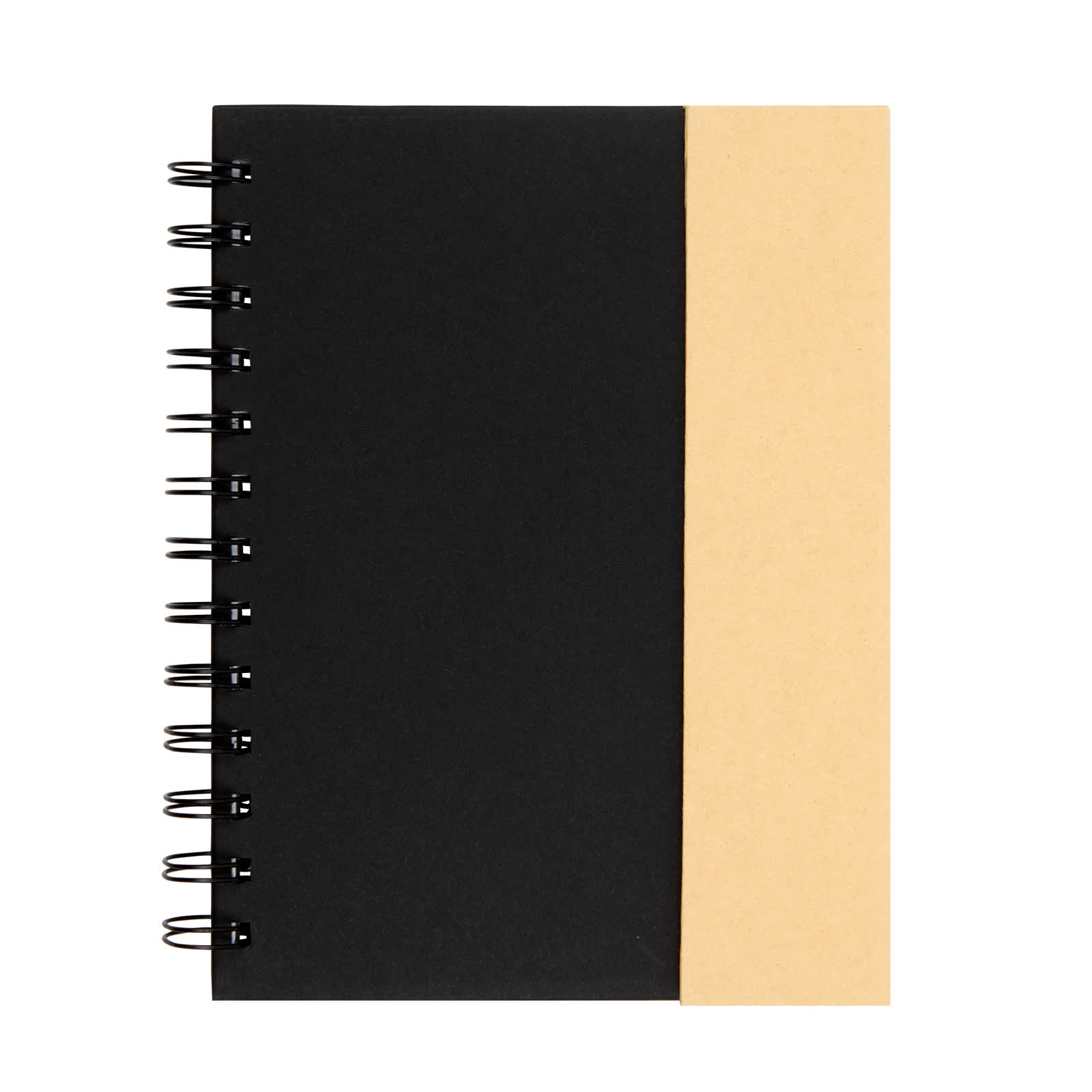 A spiral-bound notebook with a plain beige cover and a silver metal ring on the side. It has a branding logo.