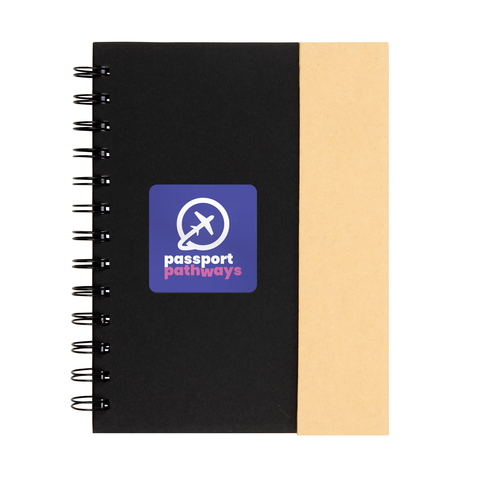 A spiral-bound notebook featuring a black cover with a tan spine and a logo on the front.